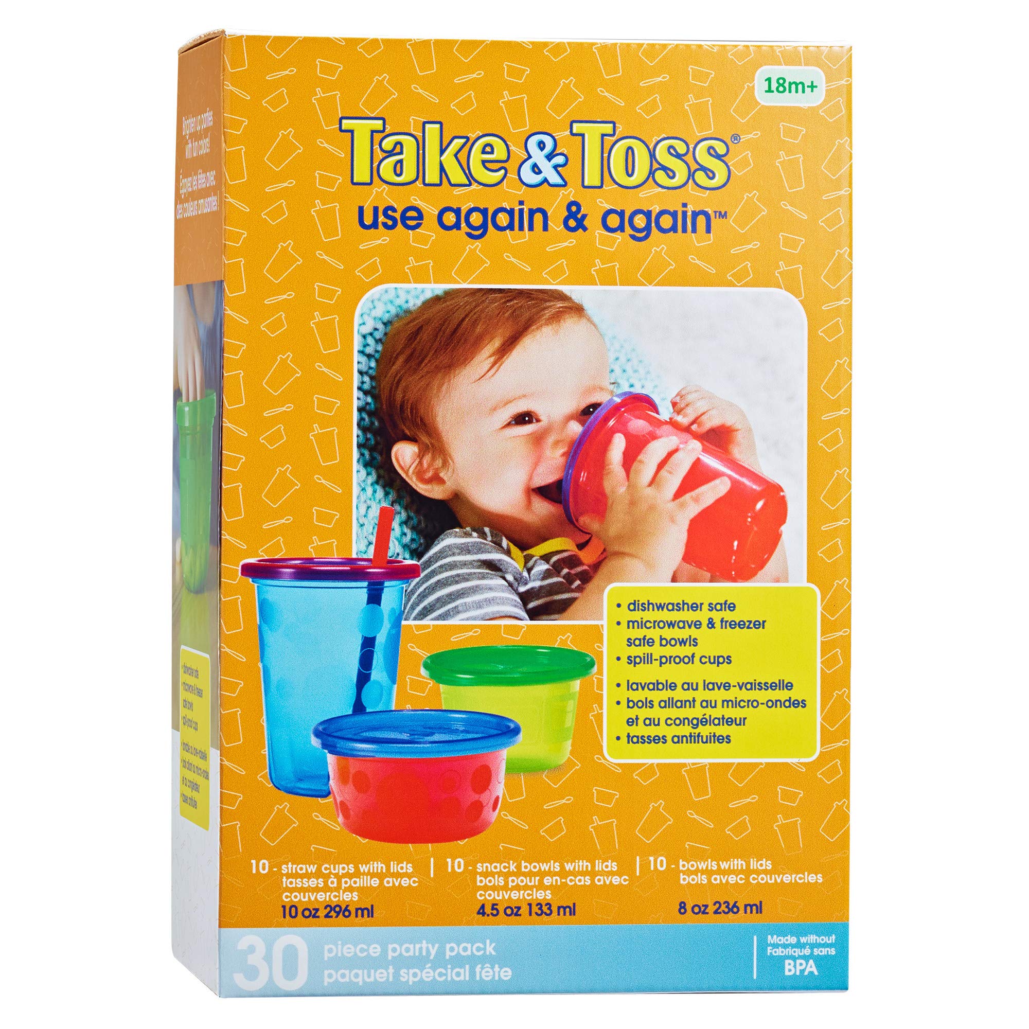 The First Years Take & Toss Spill Proof Party Pack - 30-Piece Rainbow Toddler Tableware Set with Straw Cups, Bowls & Snack Cups for Kids Ages 18+ Months - Perfect for Birthday Parties, Picnics & Daycare Use