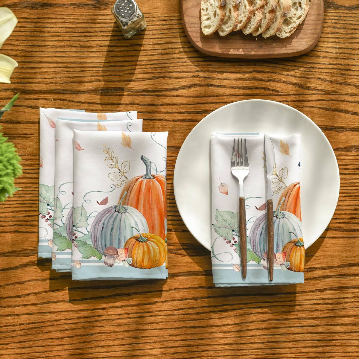 Horaldaily 18x18 Inch Fall Cloth Napkins Set of 6 - Thanksgiving Harvest Orange & Blue Pumpkin Leaf Design, Washable Fabric Dinner Napkins for Autumn Parties, Holiday Decorations & Seasonal Table Settings