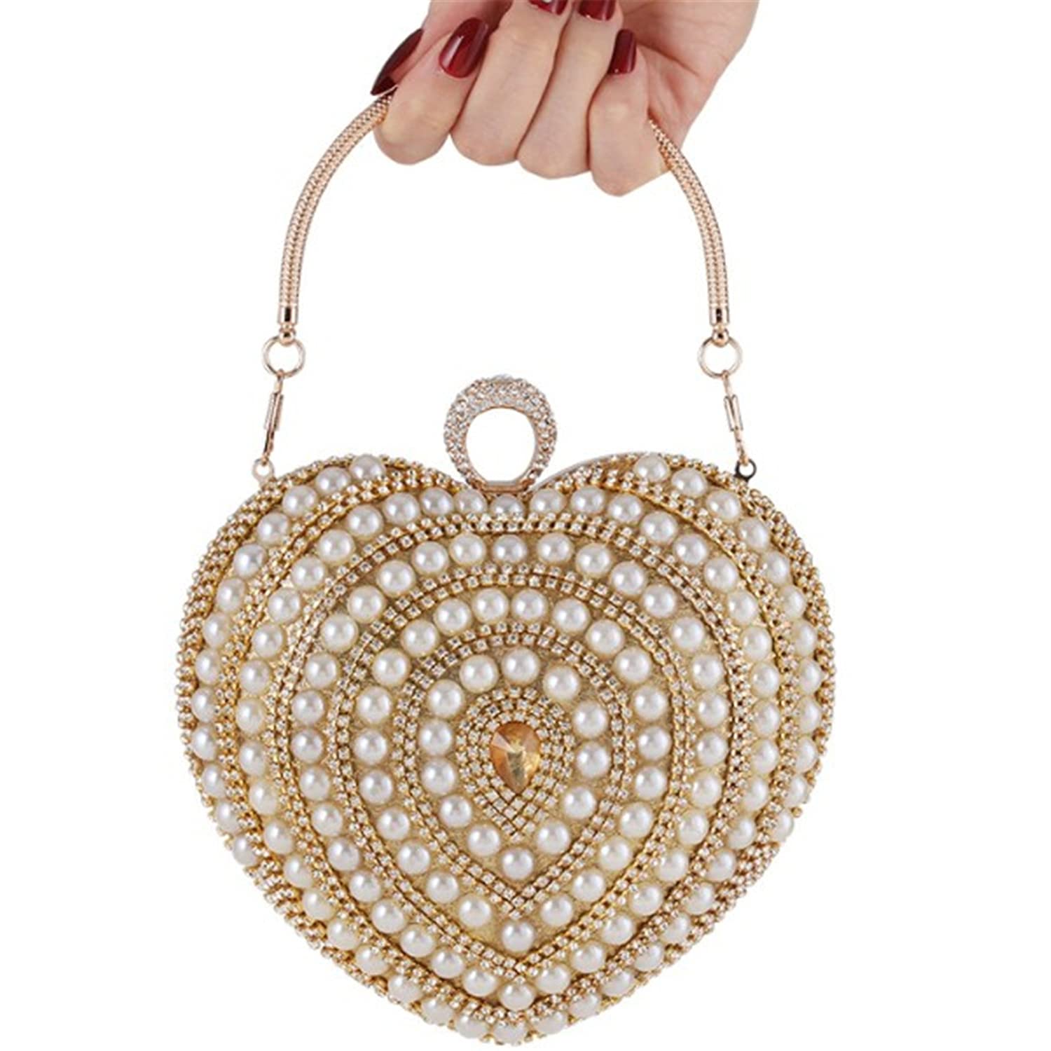 Elegant Women's Pearl Heart-Shaped Evening Clutch Purse with Dazzling Crystals - Wedding, Prom, Party Crossbody Shoulder Bag for Special Occasions