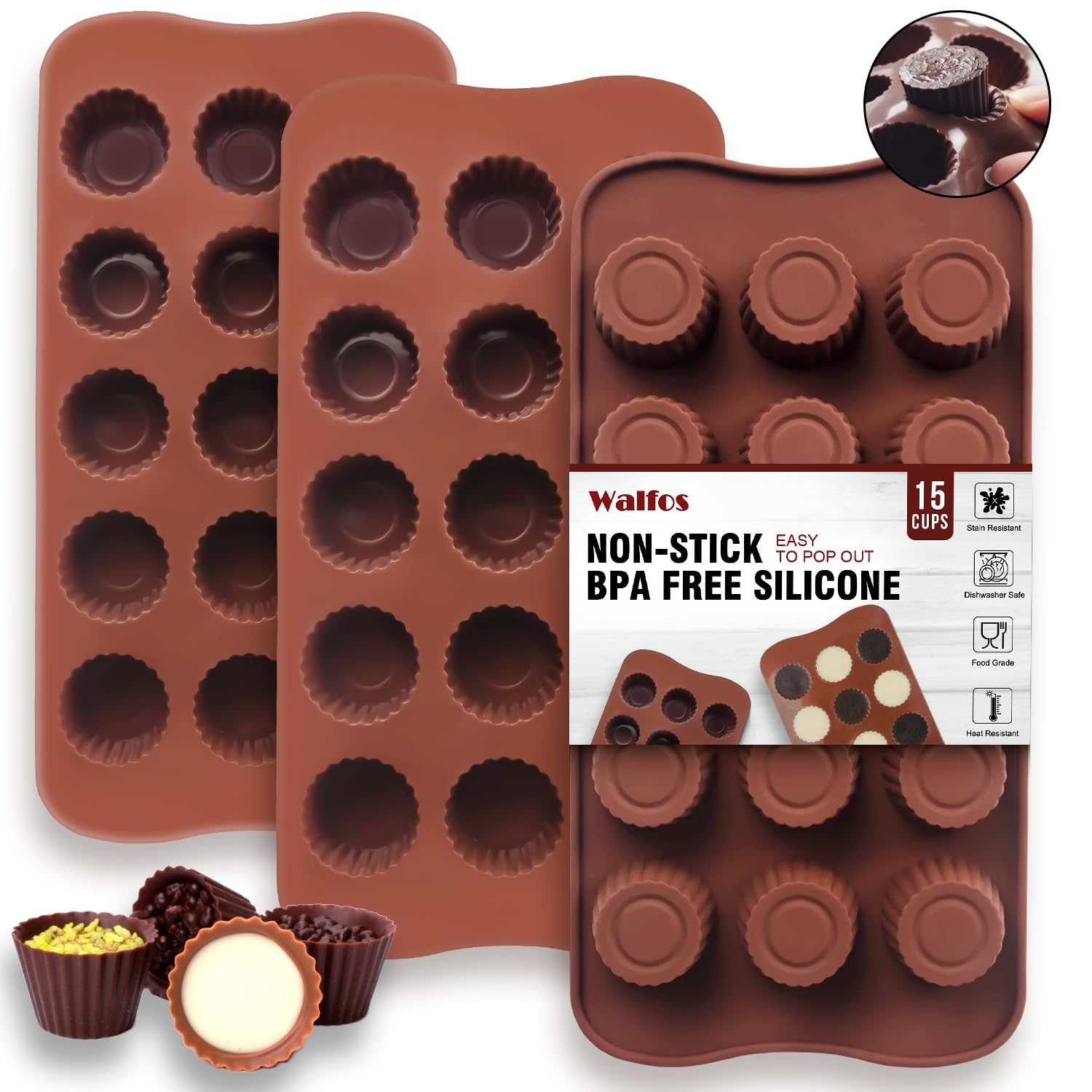 Walfos Silicone Peanut Butter Cup Mold Set of 3 - Perfect for Keto Fat Bombs, Candy Making, Dark Chocolate & Mini Peanut Butter Cups | Ideal for Keto Diet, Homemade Treats & Party Favors