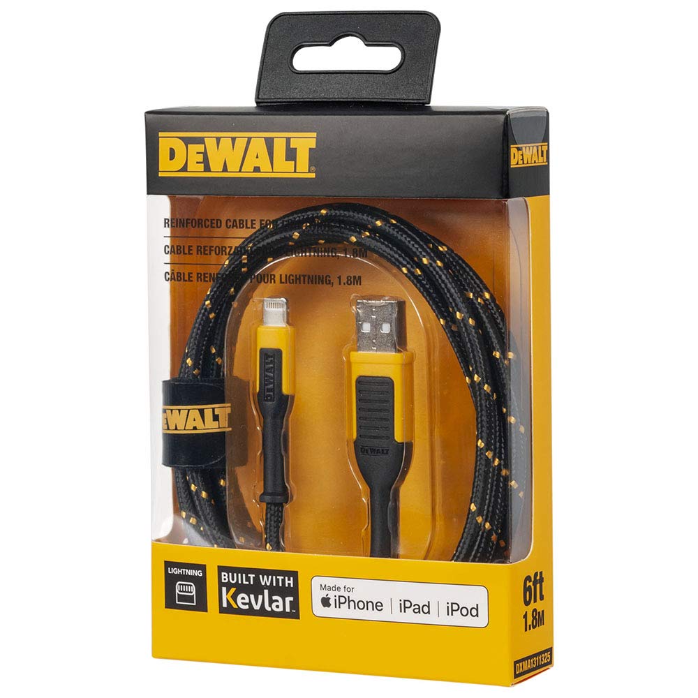 **Durable DEWALT Lightning to USB Cable - Reinforced Braided Charging Cord for iPhone 13/12/11/X/8 & More - Fast Charging & Sync (6ft, USB-A to Lightning) - Perfect for Home, Office & Travel**