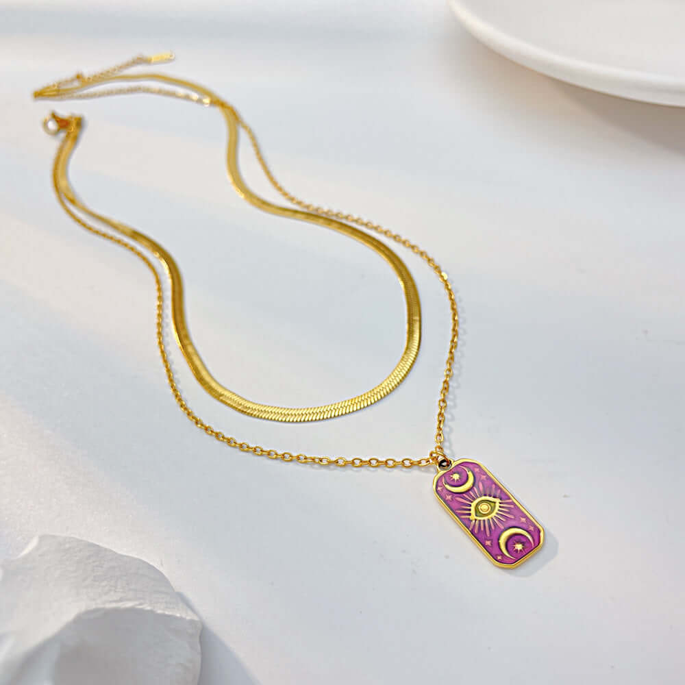 Moon Star Herringbone Pendant Chain Necklace - 18K Gold Plated Stainless Steel Jewelry for Women | GX2279 | Perfect for Date Night, Wedding & Everyday Elegance