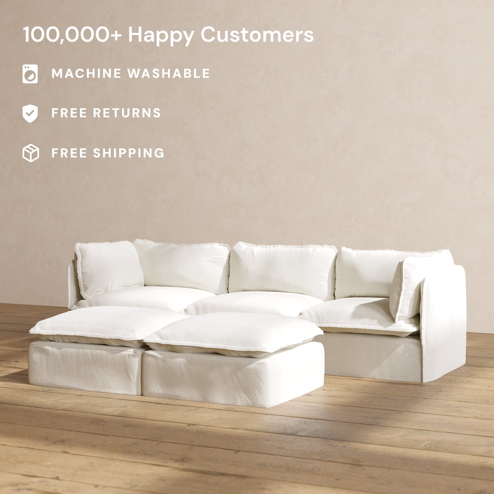 Modular Performance 3-Seater Sofa with Bench Ottoman in Eggshell White | Modern L-Shaped Sectional Couch for Living Room, Lounge & Family Room Relaxation