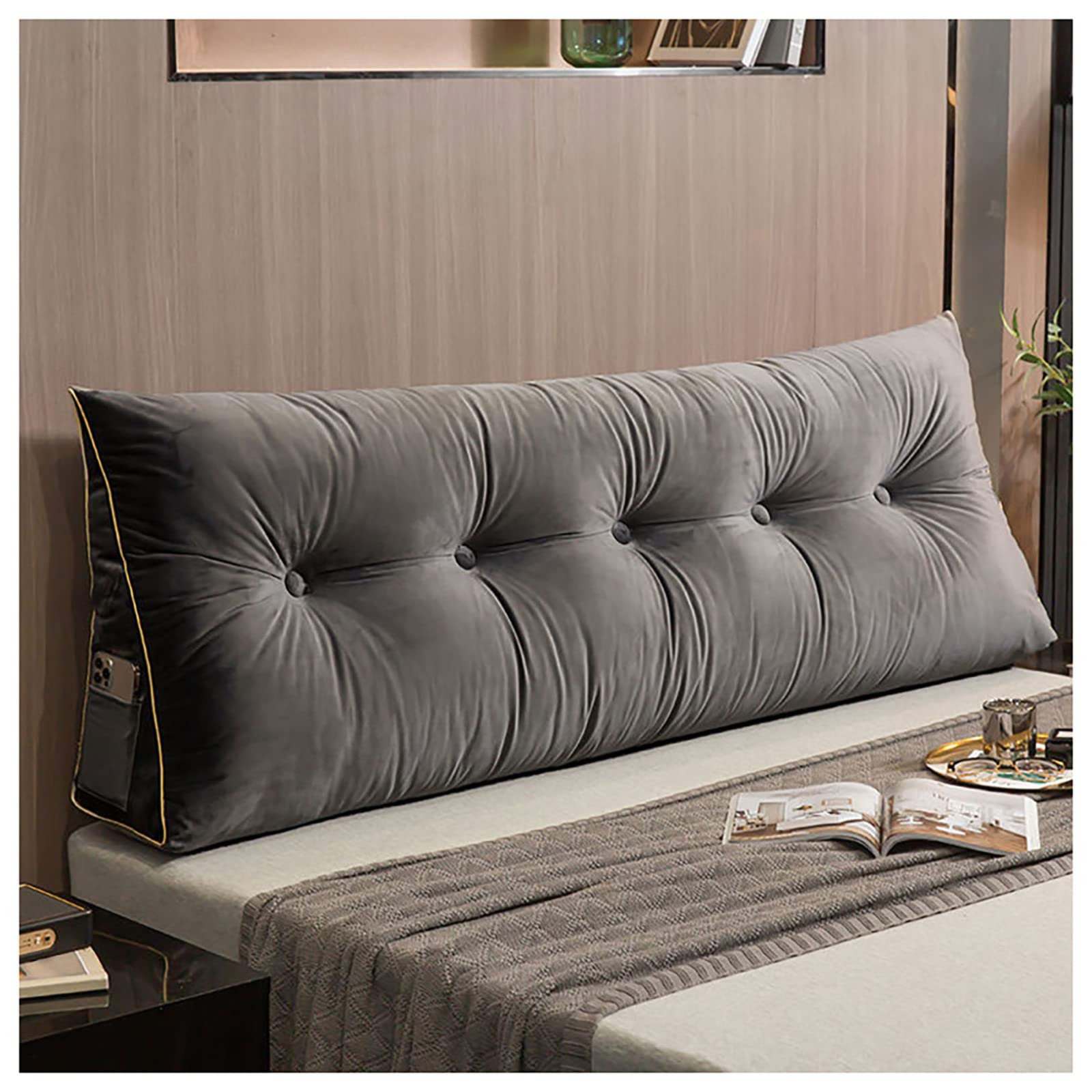 FISIYINDZ Bed Wedge Pillow for Headboard - Triangle Reading Pillow with Removable Cover, Upholstered Back Support Cushion for Daybed, Sofa & Chair (Grey, 59 Inch) - Perfect for Reading, Watching TV & Relaxing in Bed