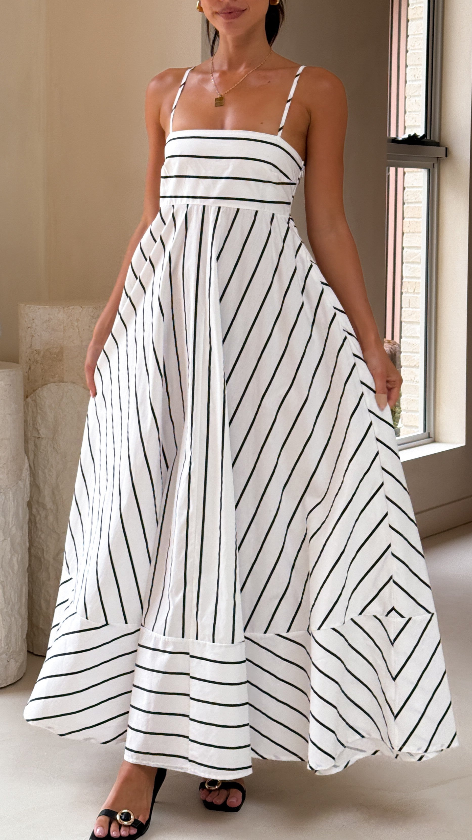 Kaethe Maxi Dress - White & Black Striped Flowy Summer Dress for Women | Beach Cover Up, Vacation Outfit, Casual Day Dress
