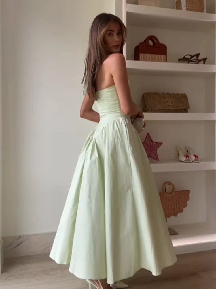Elegant V-Neck Green Long Dress for Women - High Waist A-Line Halter Midi Vestidos - Summer Evening Party Dress 2025 - Perfect for Weddings, Cocktail Parties & Formal Events