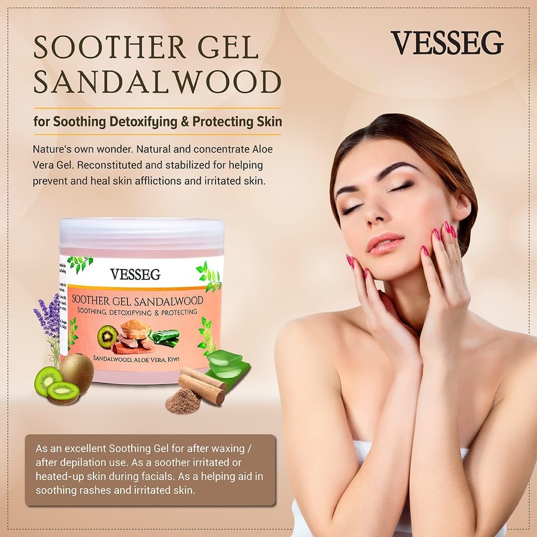 VESSEG Sandalwood Soothing Gel with Aloe Vera & Kiwi Extract - 100g Detoxifying Skin Care for Hydration, Protection & Relief - Perfect for Sunburn, Acne, and Dry Skin Treatment