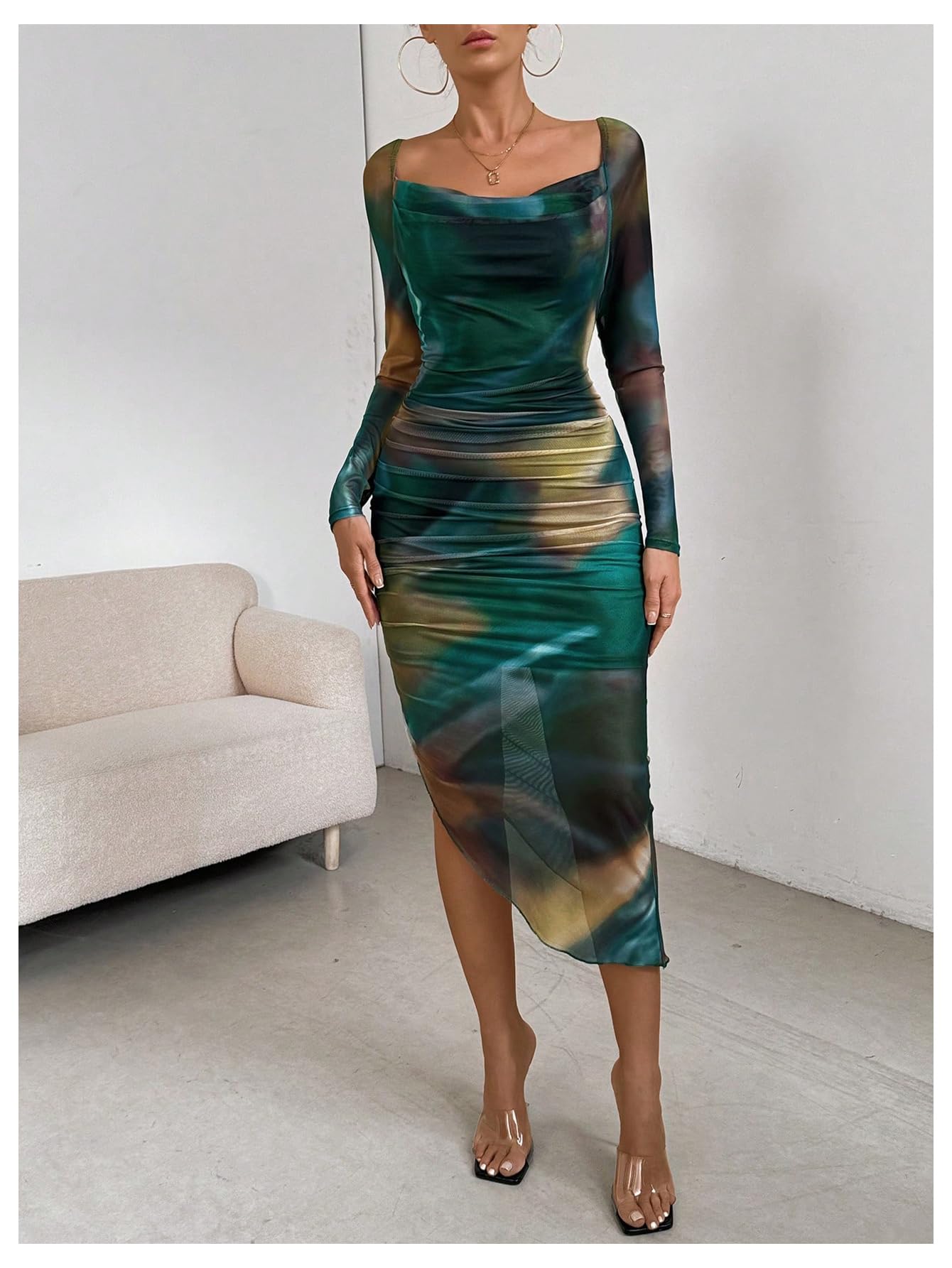 Floerns Women's Tie Dye Long Sleeve Cowl Neck Ruched Bodycon Midi Dress for Cocktail Party, Date Night & Special Occasions