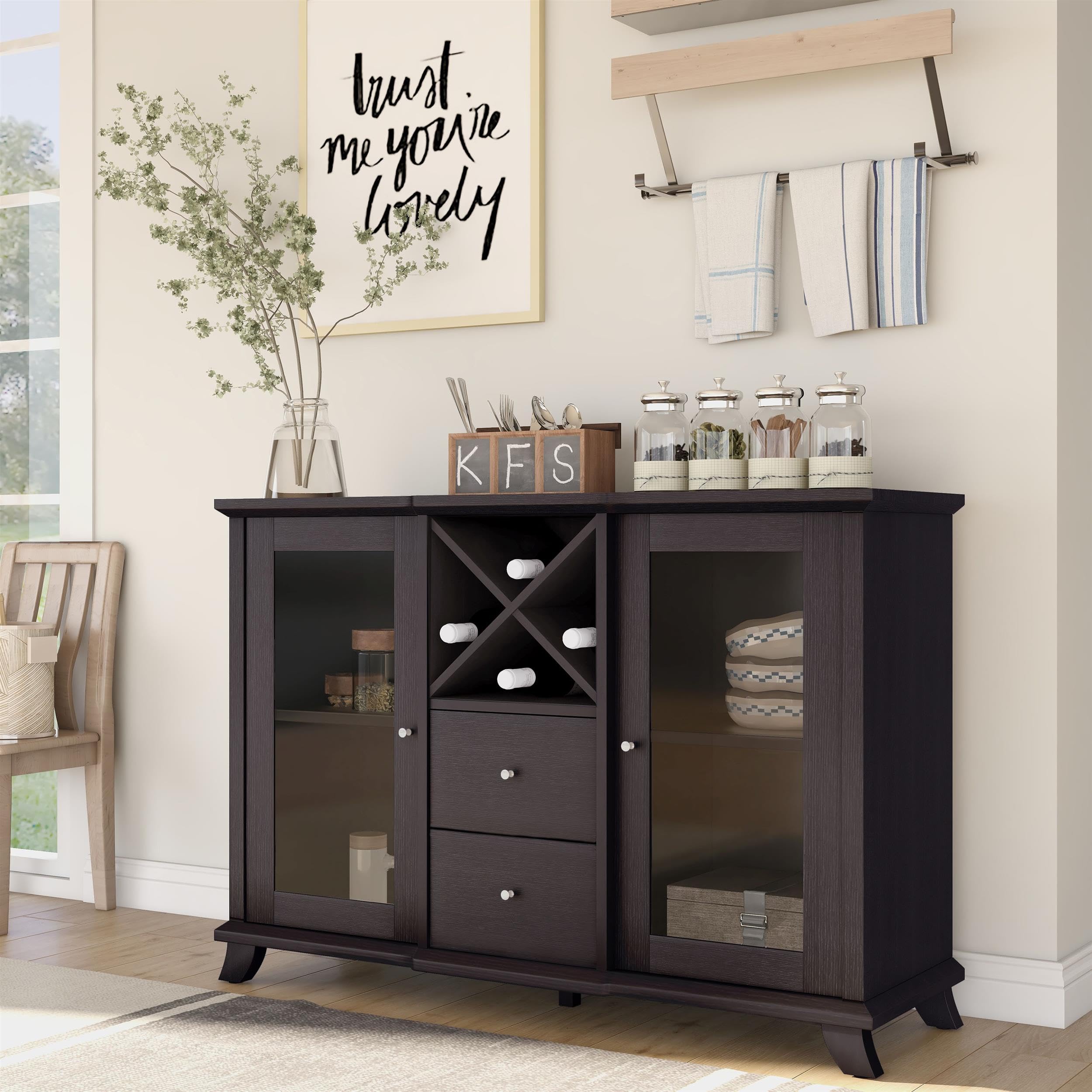 Furniture of America Anglex Wood Buffet with Wine Rack - Cappuccino Finish Sideboard for Dining Room, Kitchen Storage & Home Decor