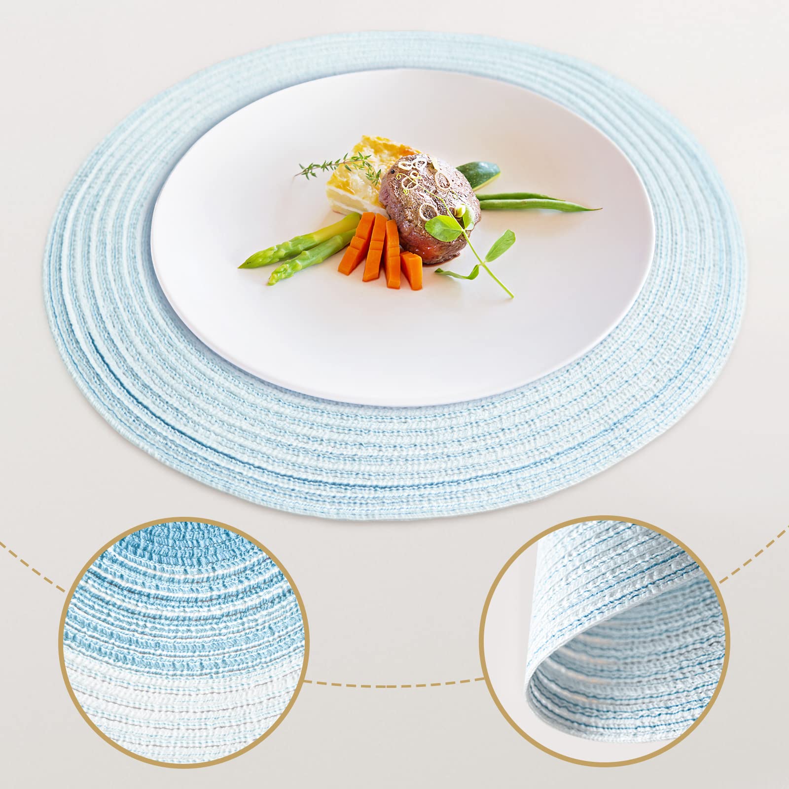 Round Braided Placemats Set of 6 - 14 Inch Washable Kitchen Table Mats in Light Blue - Perfect for Dining, Parties, and Home Decor