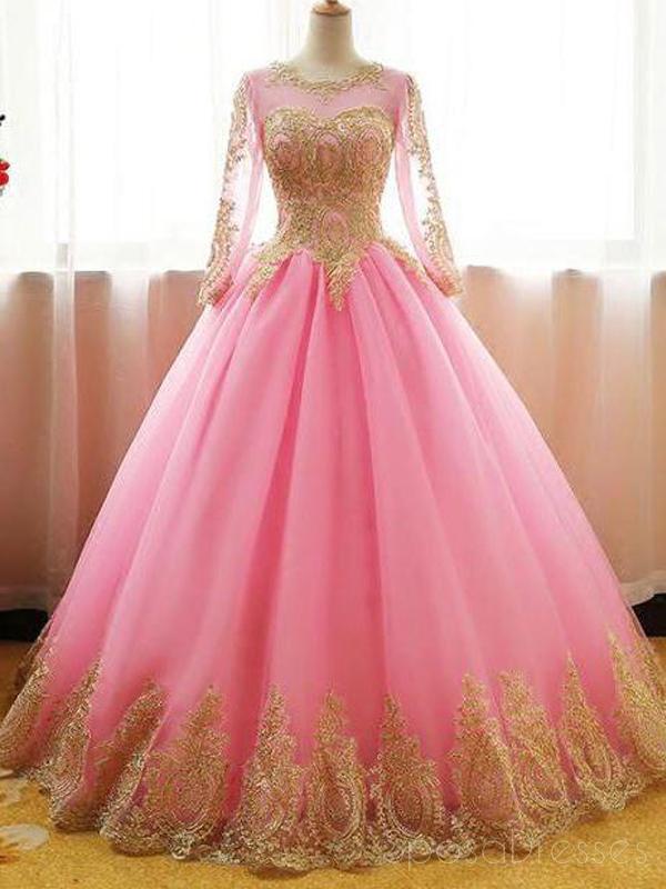 Elegant Long Sleeve Gold Lace Pink A-Line Evening Prom Dress for Sweet 16 | Formal Gown for Homecoming, Ball, and Special Occasions