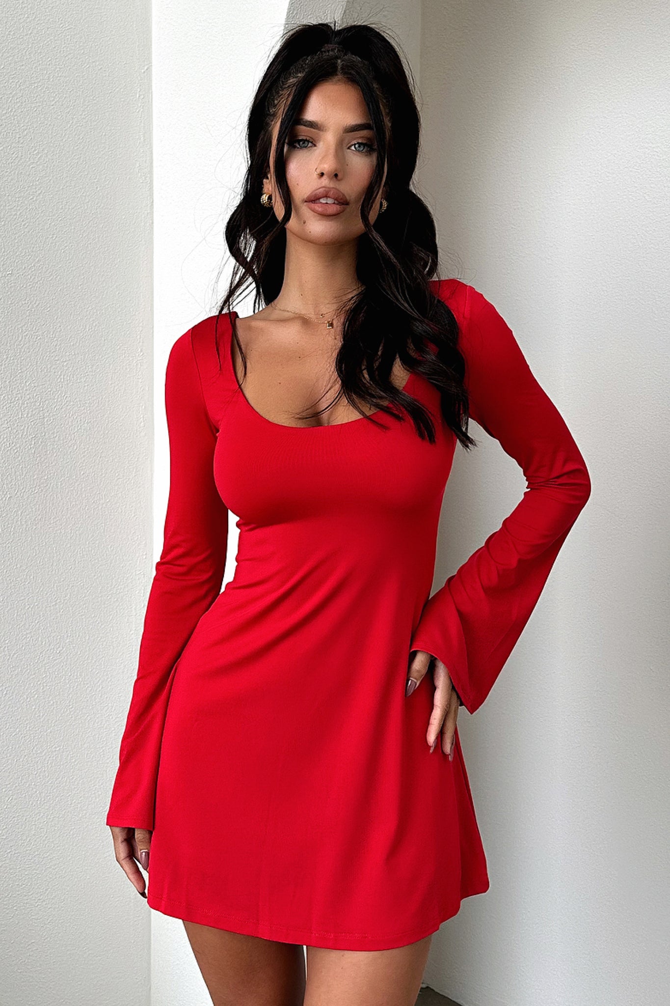Marcia Long Sleeve Dress - Women's Elegant Red Party Dress for Evening Events, Date Nights & Special Occasions