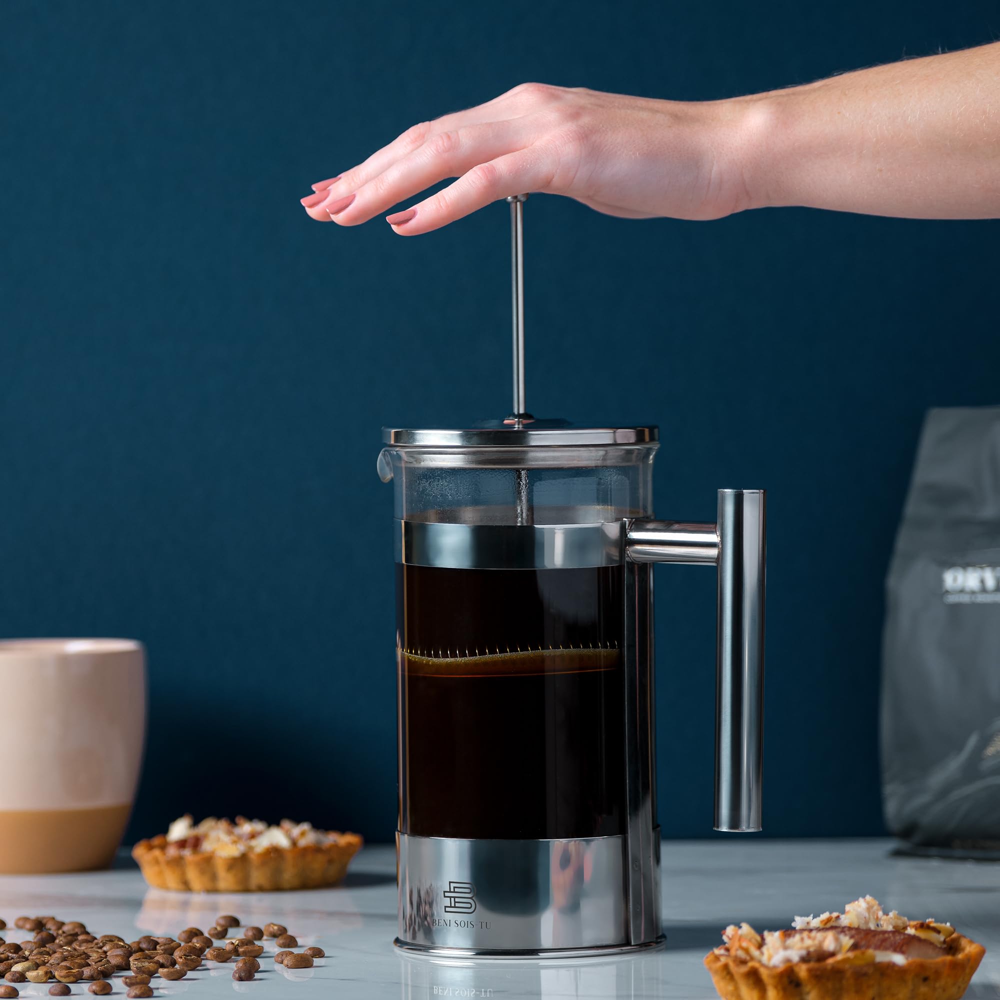 34 oz French Press Coffee Maker - Borosilicate Glass & Stainless Steel Plunger, Heat Resistant Coffee & Tea Brewer for Home, Office, Camping - Silver