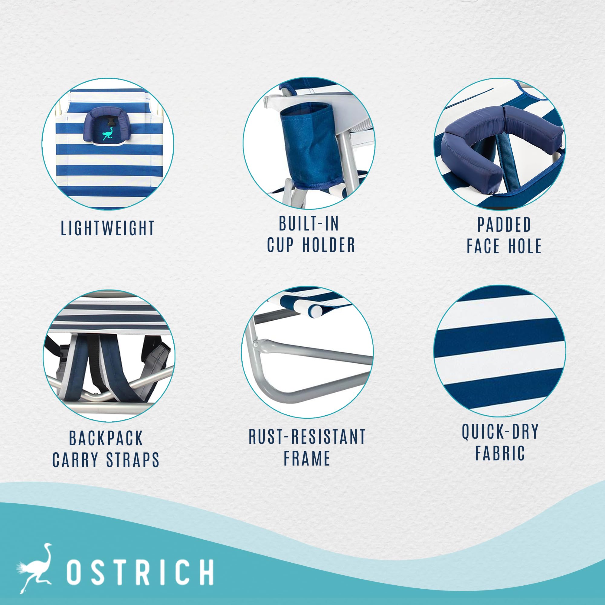 Ostrich On-Your-Back Sand Chair - Portable Beach Recliner with Backpack Straps - Lightweight Outdoor Lounge Chair for Pool, Camping, Backyard & Picnics - Blue Stripe Design - Perfect for Beach Vacations, Tailgating & Outdoor Relaxation