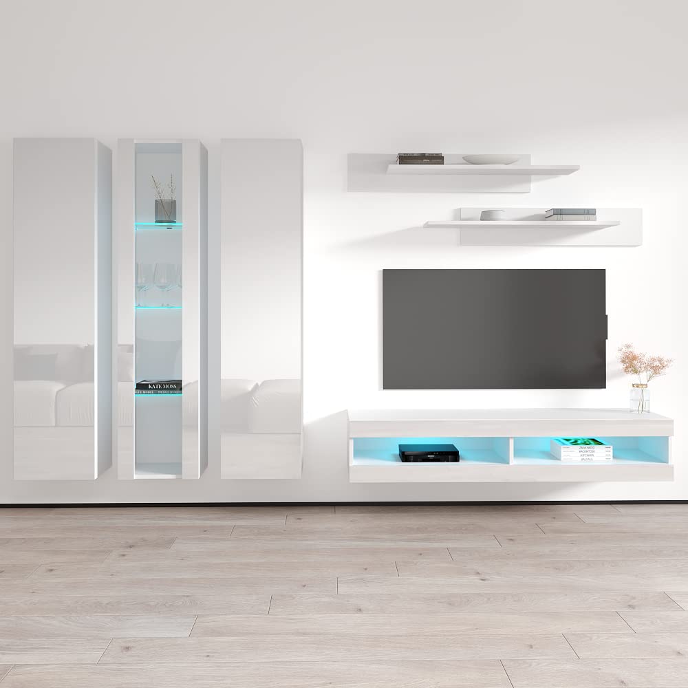 Modern White Wall-Mounted TV Stand with Storage Shelves & LED Lights - 34