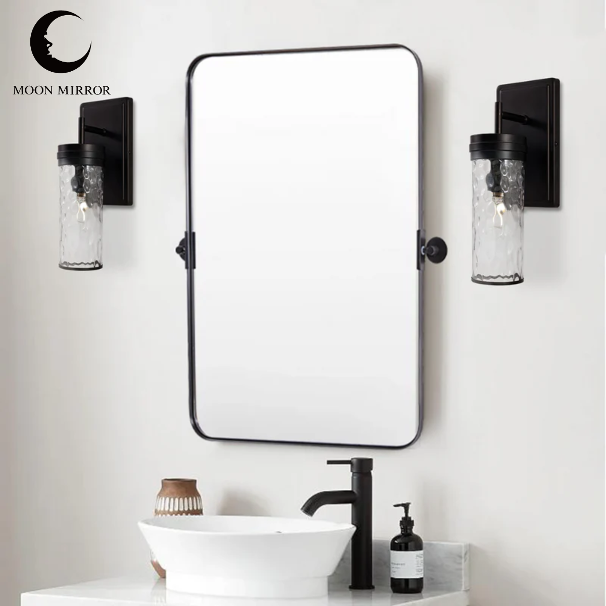 MOON MIRROR Matte Black Pivot Tilt Rectangle Bathroom Mirror with Stainless Steel Frame - Perfect for Vanity, Makeup, Shaving & Home Decor