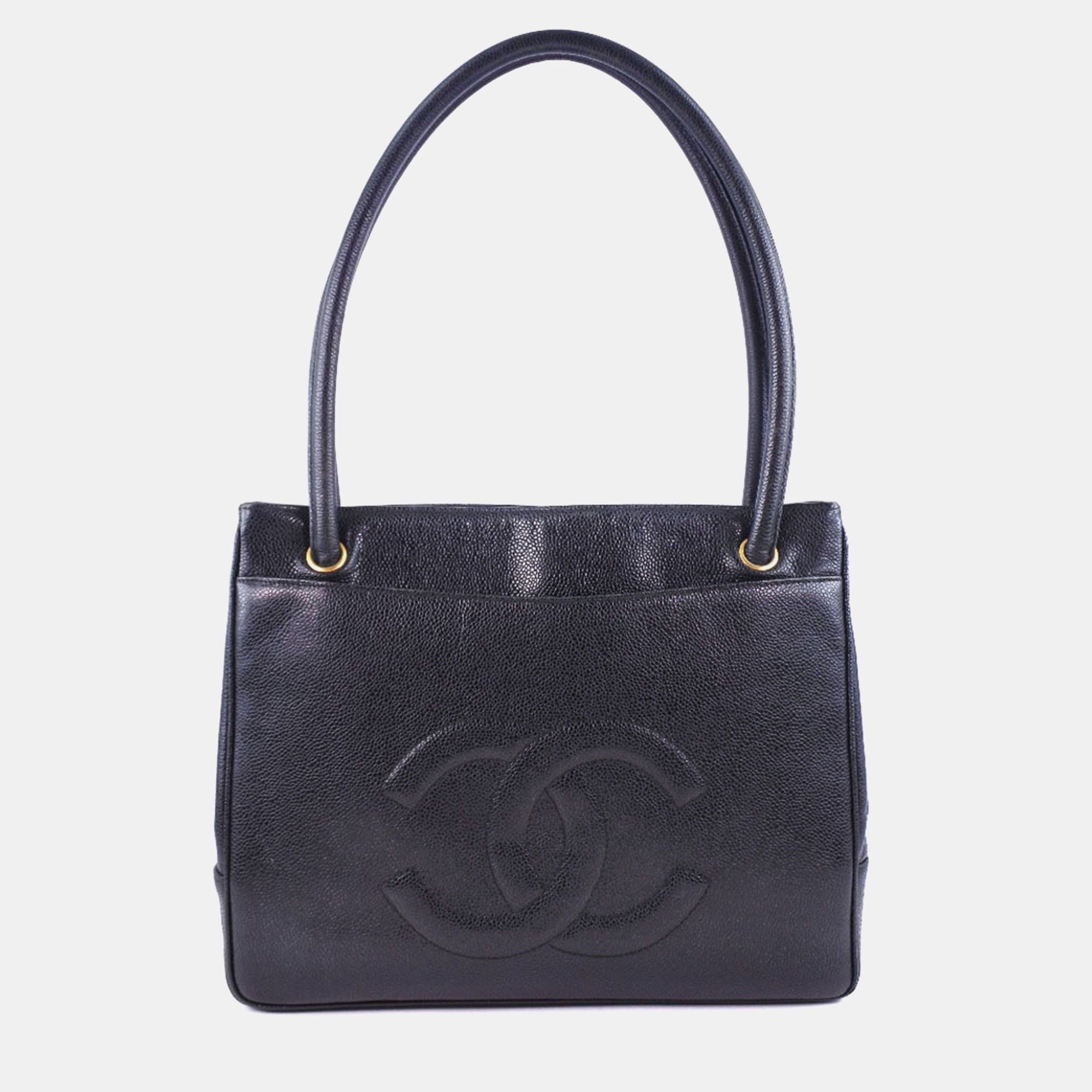 Luxury Black Caviar Leather CC Tote Bag for Women - Designer Handbag with Gold-Tone Hardware, Spacious Work & Travel Tote - Perfect for Office, Business Meetings & Weekend Getaways