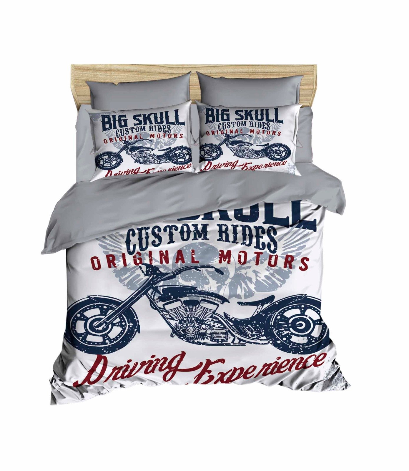 Vintage Motorcycle Bedding Set - Full/Queen Size Grey Motorcycle Themed Quilt & Duvet Cover with Comforter (5 Pcs) - Perfect for Biker Enthusiasts Bedroom Decor, Motorcycle Lover Gift, and Themed Guest Room Styling