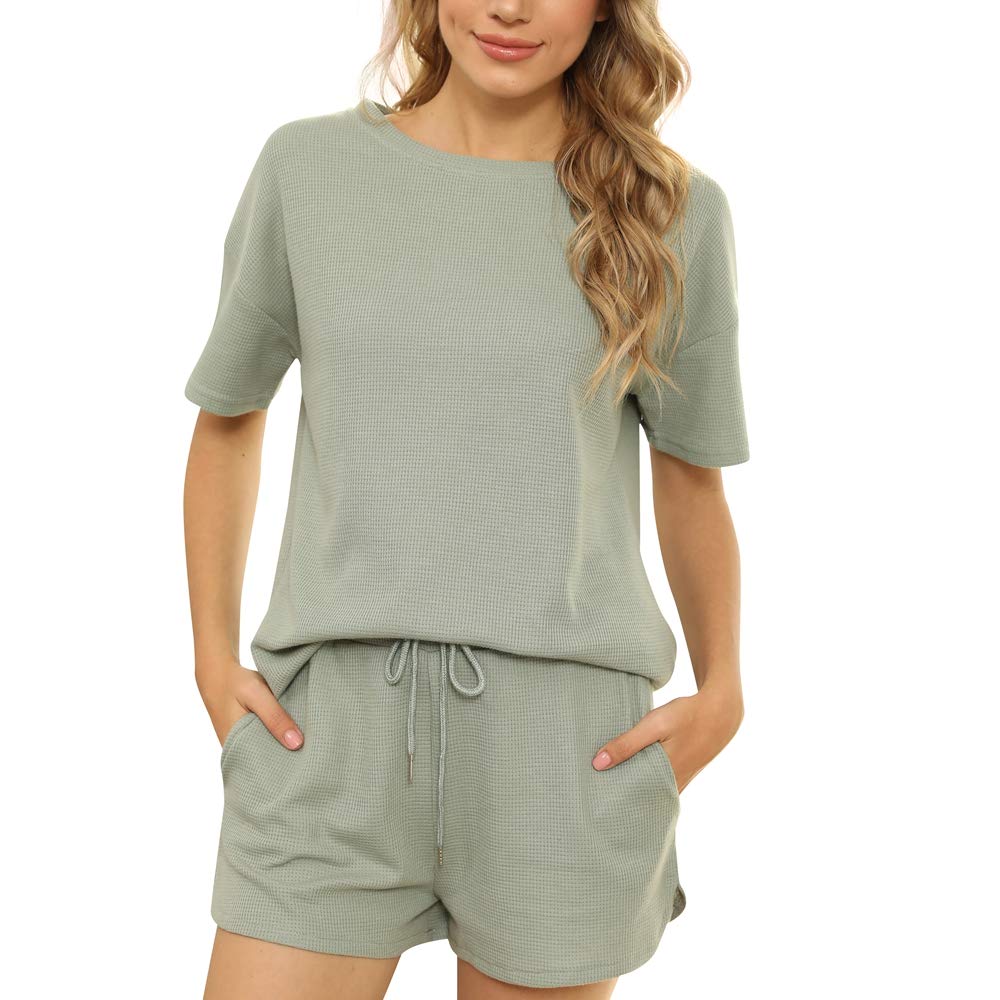 Tongzone Women's Waffle Knit Pajama Set - Short Sleeve Top & Shorts with Pockets | Soft Athletic Loungewear & Sleepwear | Perfect for Yoga, Lounging & Home Relaxation