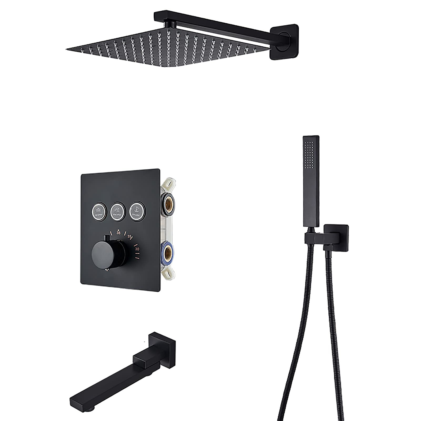 Matte Black Thermostatic Shower Combo Set - Wall Mounted Bathroom Faucet with Rainfall Shower Head, ABS Handheld Shower & Swivel Tub Spout (8 Inch) - Perfect for Modern Bathroom Renovation & Spa-Like Shower Experience