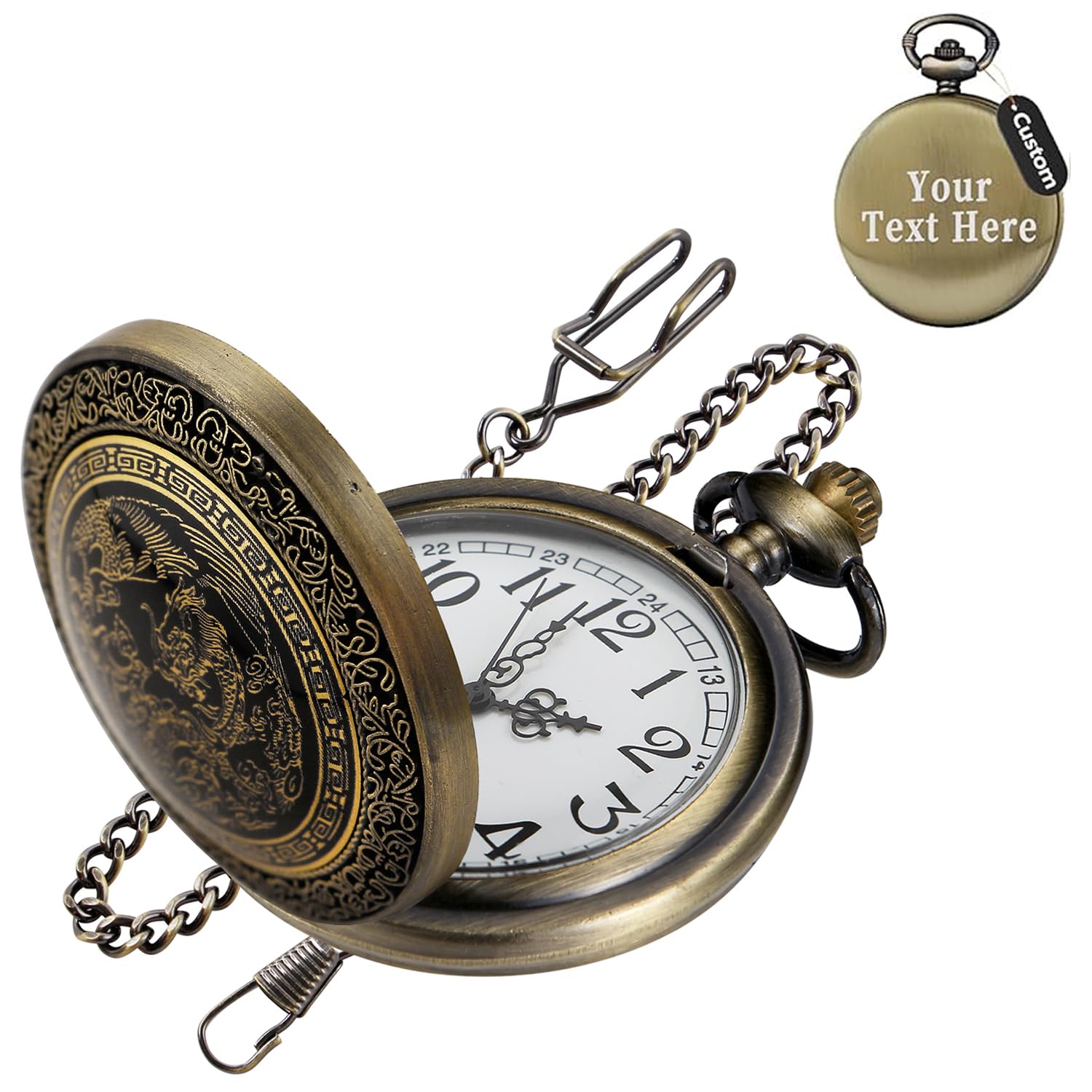 Vintage Carved Animal Quartz Pocket Watch for Men with Waist Chain - Perfect for Formal Events, Steampunk Costumes & Collector's Display