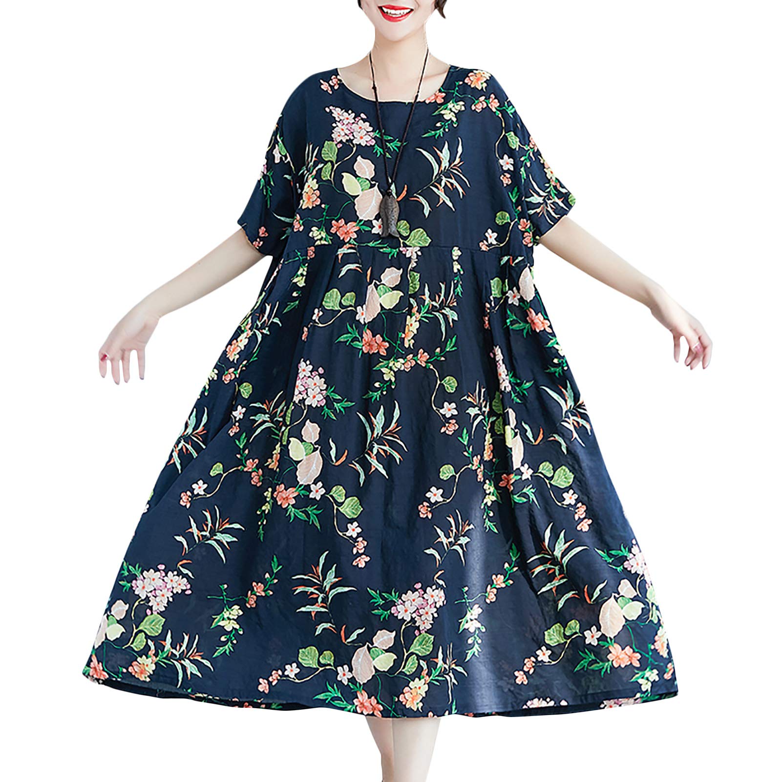 Versear Women's Floral Boho Maxi Dress - Loose Casual Cotton Linen Dress with Contrast Trim, Half Sleeves, Plus Size Options - Perfect for Beach Vacations, Summer Outings and Boho Chic Style