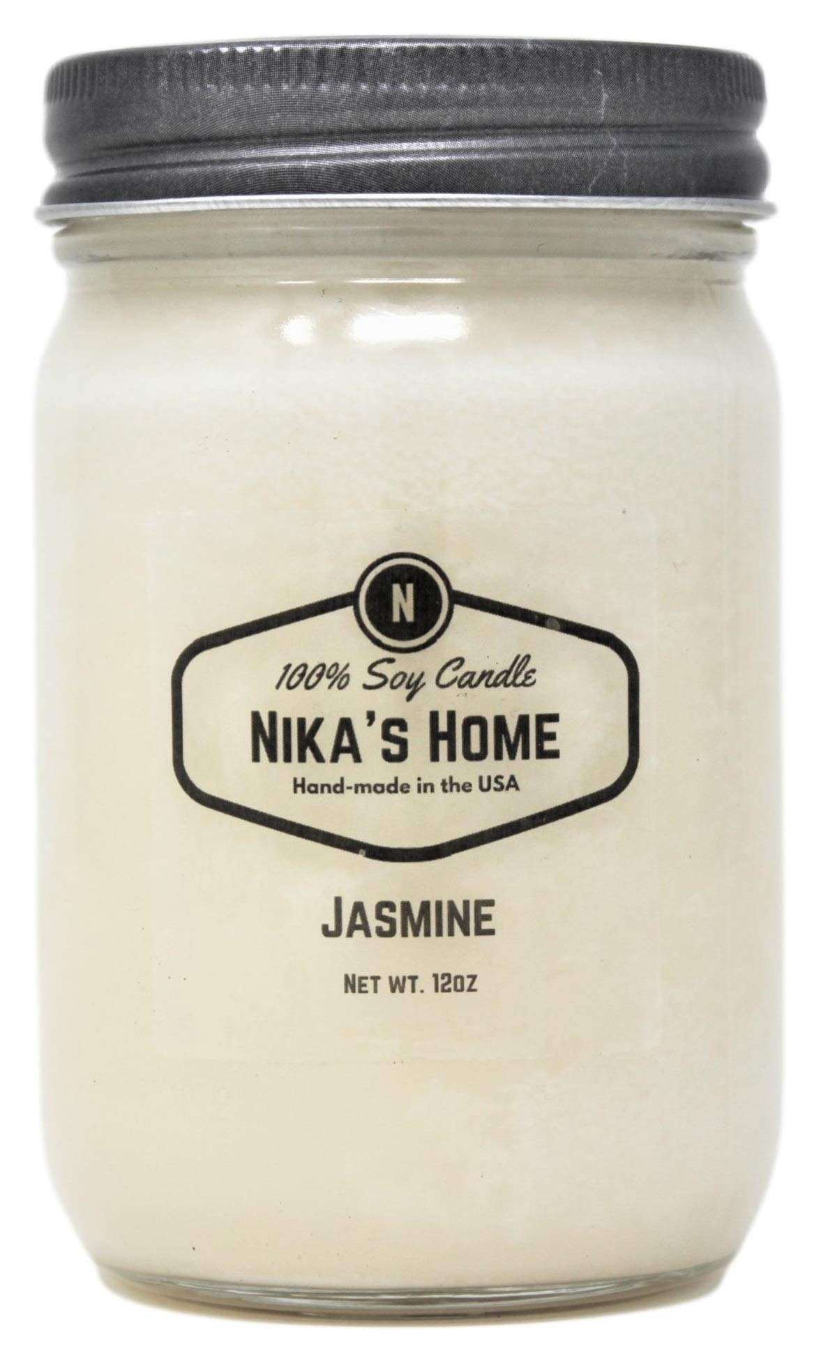 Nika's Home 12oz Jasmine Soy Candle in Mason Jar - Non-Toxic, Hand-Poured, Long-Lasting 50-60 Hours - Highly Scented All-Natural Clean Burning Candle - Perfect for Home Decor, Relaxation & Gift Giving