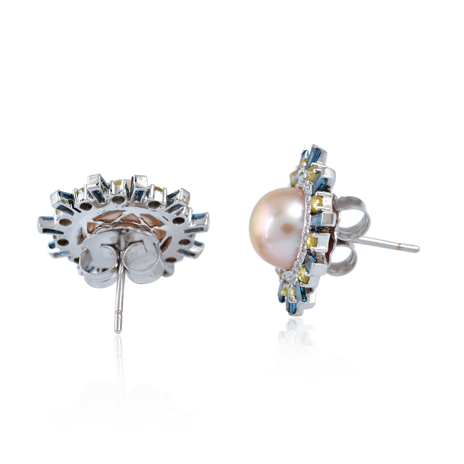 18K White Gold Baguette Colored Diamond Bezel Pearl Gemstone Stud Earrings for Women | Elegant Jewelry Gift for Wedding, Anniversary & Special Occasions