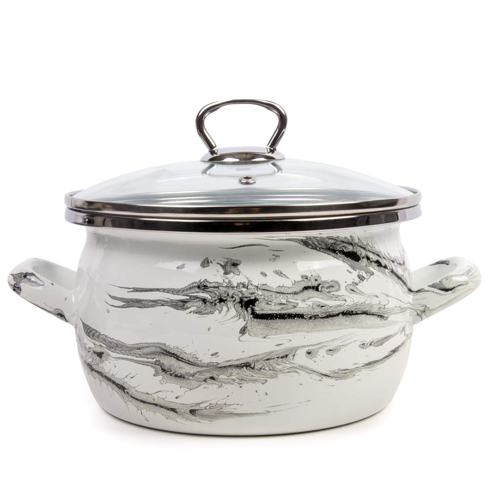 Premium Enamel Stock Pot 3.2 Qt (3L) - Shake White & Black Enamelware Cooking Pot with Glass Lid - Durable for Stovetop, Oven & Camping - Perfect for Soups, Stews & Family Meals
