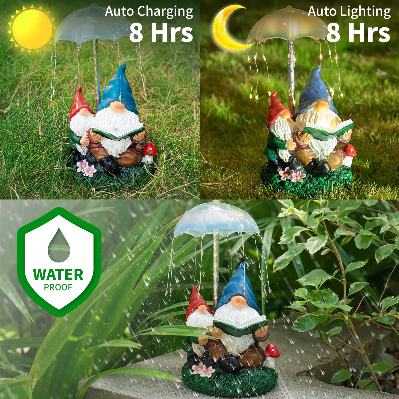 Solar Powered Garden Gnomes Statues - Outdoor Decor Resin Figurines with Umbrella Fireworks Lights - Perfect for Lawn, Patio, Backyard & Garden Decoration