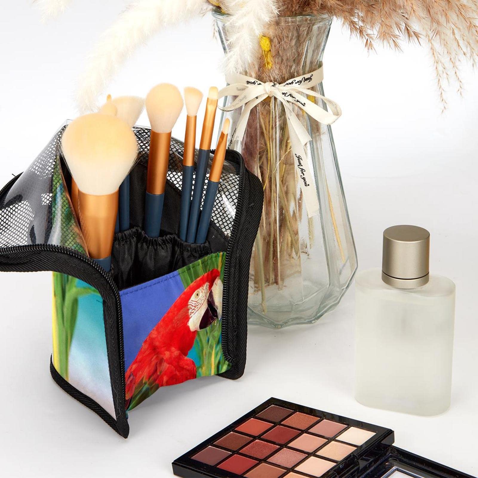 Portable Makeup Brush Organizer Bag with 12 Slots - Tropical Macaw Design Makeup Brush Holder Case for Travel & Home Storage | Perfect for Makeup Artists & Beauty Enthusiasts
