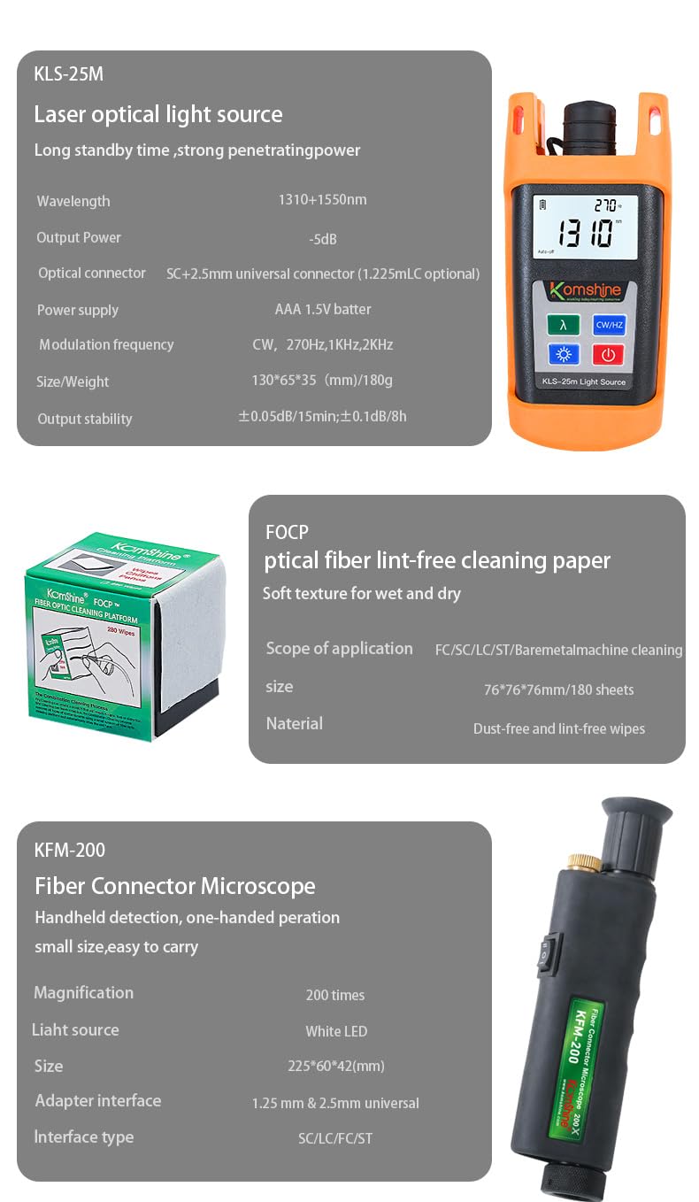 Komshine KLT-12E Fiber Optic Loss Test Kit with Power Meter & VFL | Includes KFM-200 Microscope, KCC-600 Cleaning Box | Ideal for Network Installation & Maintenance (KLT-15D)
