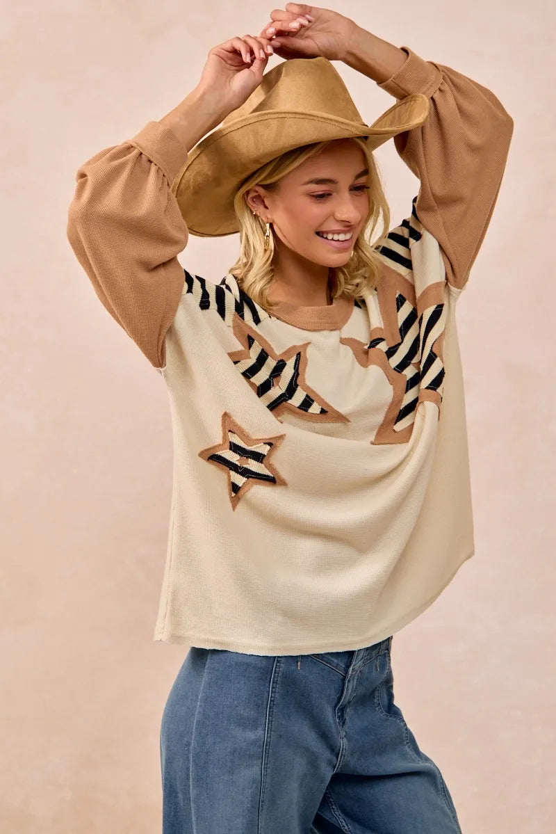 BiBi Star Patchwork Mixed Long Sleeve Top for Women - Stylish Boho Chic Blouse for Casual Wear, Date Night & Office Outfits