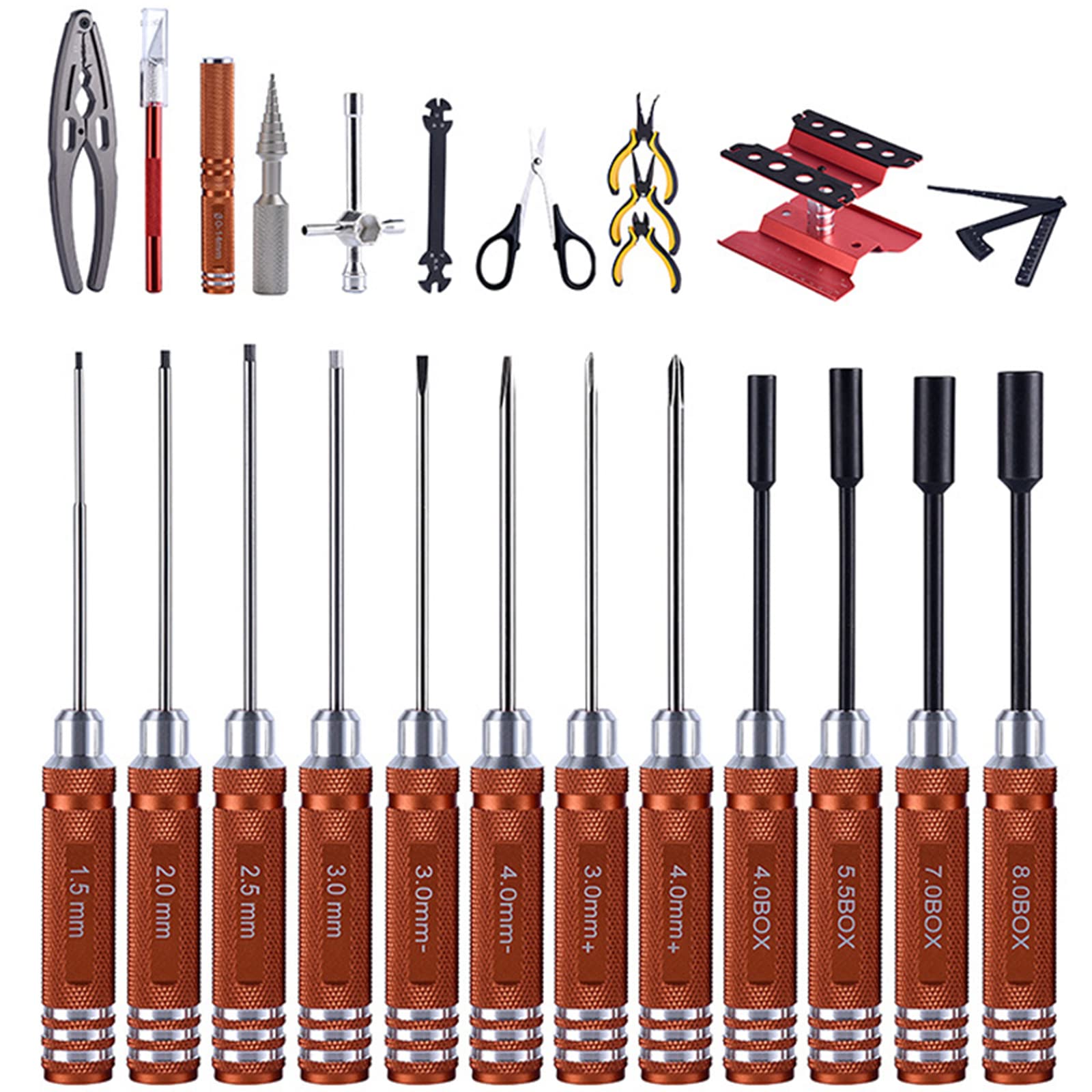 GORHLady 24pcs RC Car Tool Kit - Professional Screwdriver Set (Flat, Phillips, Hex), Pliers, Wrench, Body Reamer & Stand - Complete Repair Tools for RC Cars Accessories - Perfect for RC Car Maintenance, Upgrades & DIY Projects