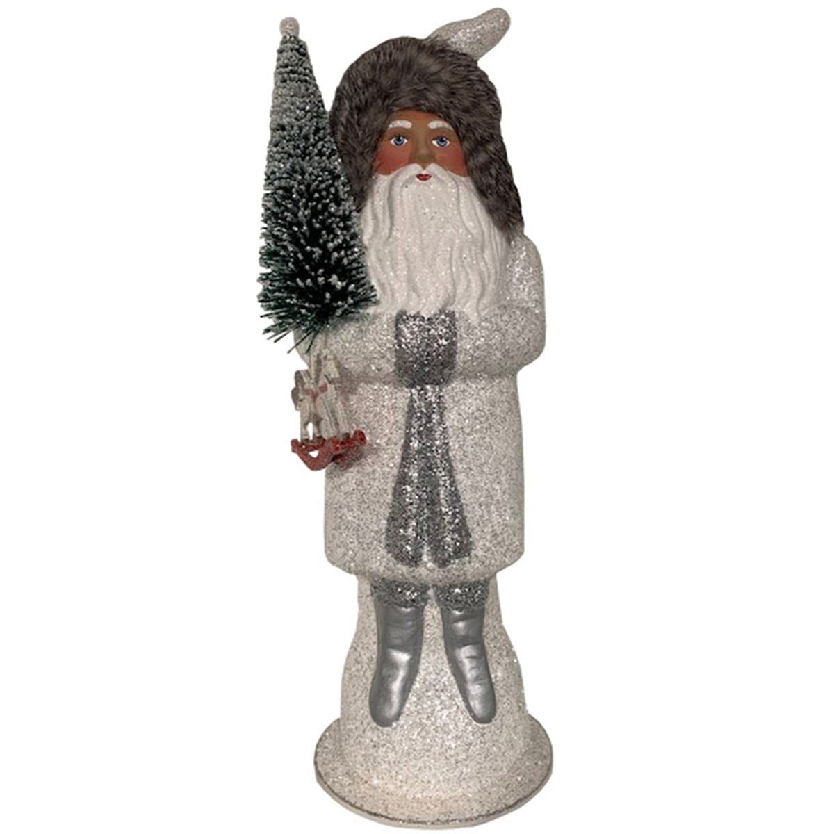 Vintage 1944 Schaller Paper Mache Santa Candy Container with White Glitter Coat & Gray Details - Christmas Decor, Holiday Collectible, Antique Home Decoration for Festive Season & Gift Giving