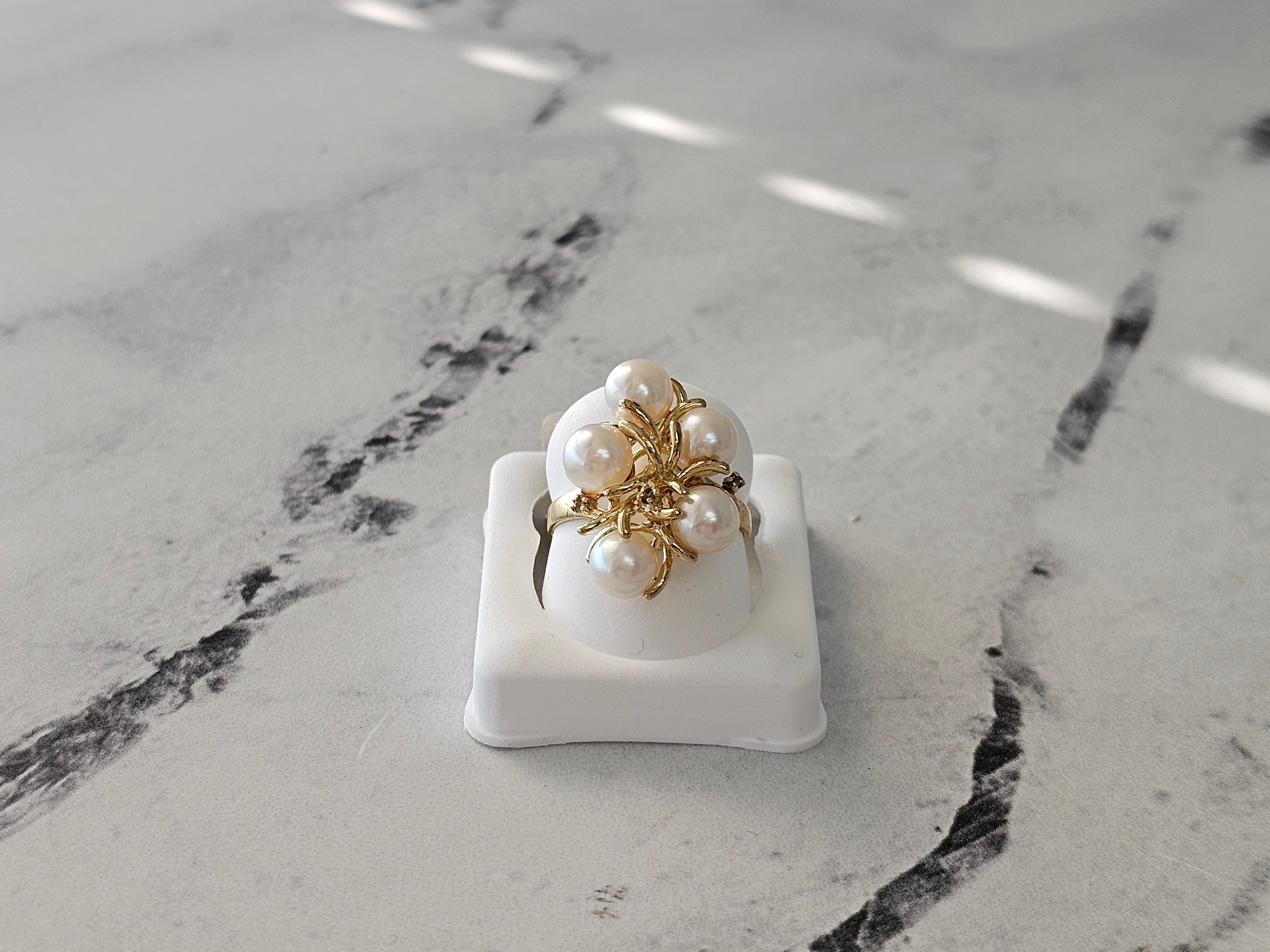 14K Yellow Gold Pearl Cluster Ring with Diamond Accents - Elegant Bridal Jewelry, Anniversary Gift & Special Occasion Statement Piece