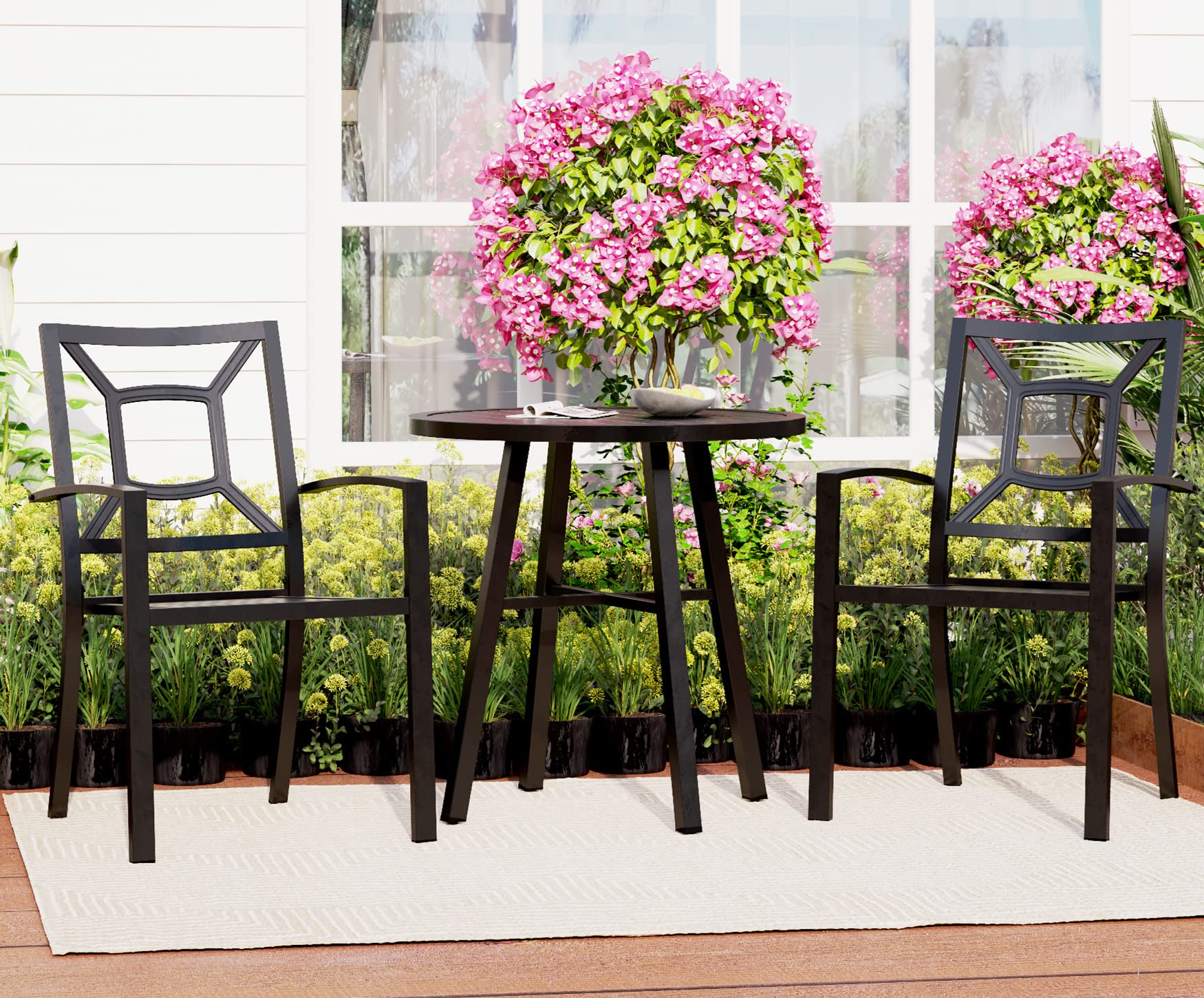 MFSTUDIO 3-Piece Black Metal Bistro Set - Outdoor Patio Dining Table with 2 Chairs - Round Cafe Table for Garden, Balcony & Backyard - Perfect for Morning Coffee & Al Fresco Dining