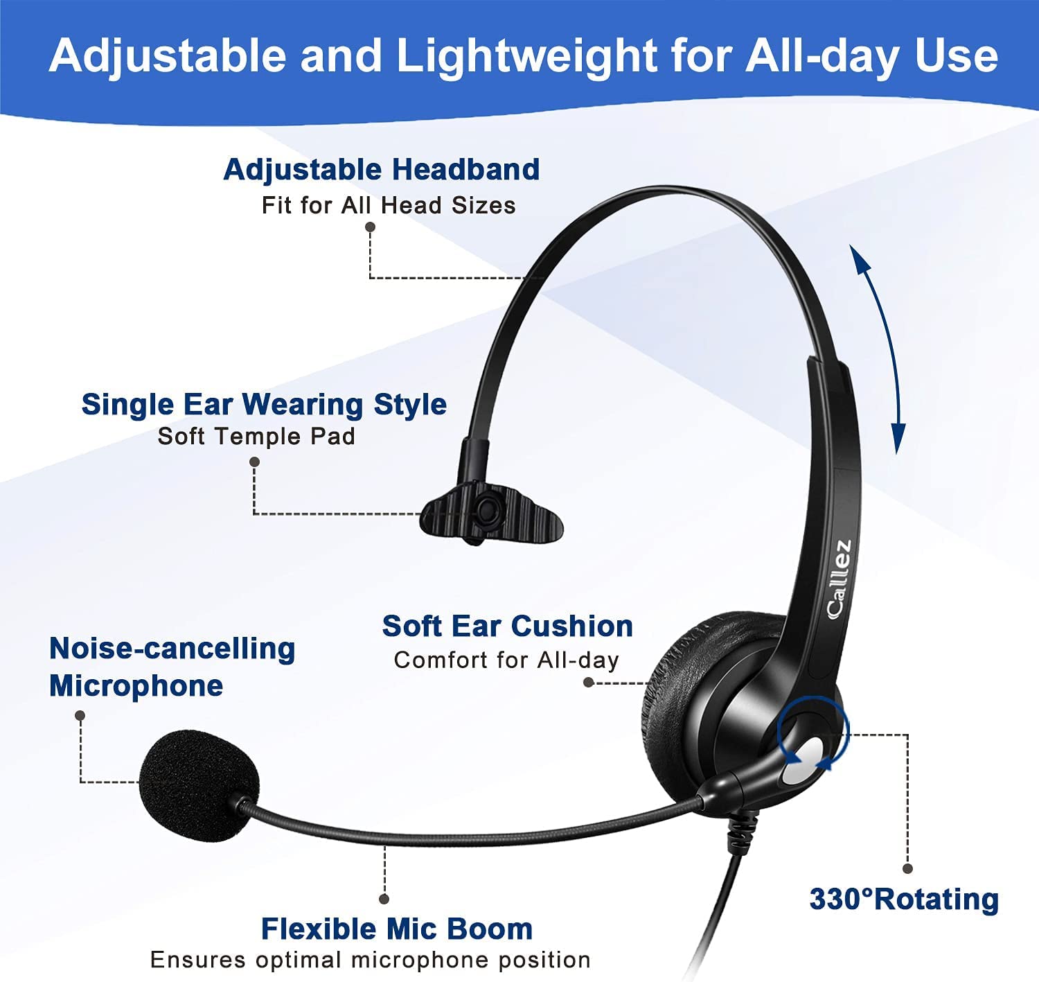 Noise Cancelling Office Telephone Headset with 2.5mm Jack - Compatible with Panasonic KX-TGEA20, AT&T ML17929, Vtech, RCA & Uniden Cordless DECT Phones - Perfect for Call Centers, Remote Work & Customer Service