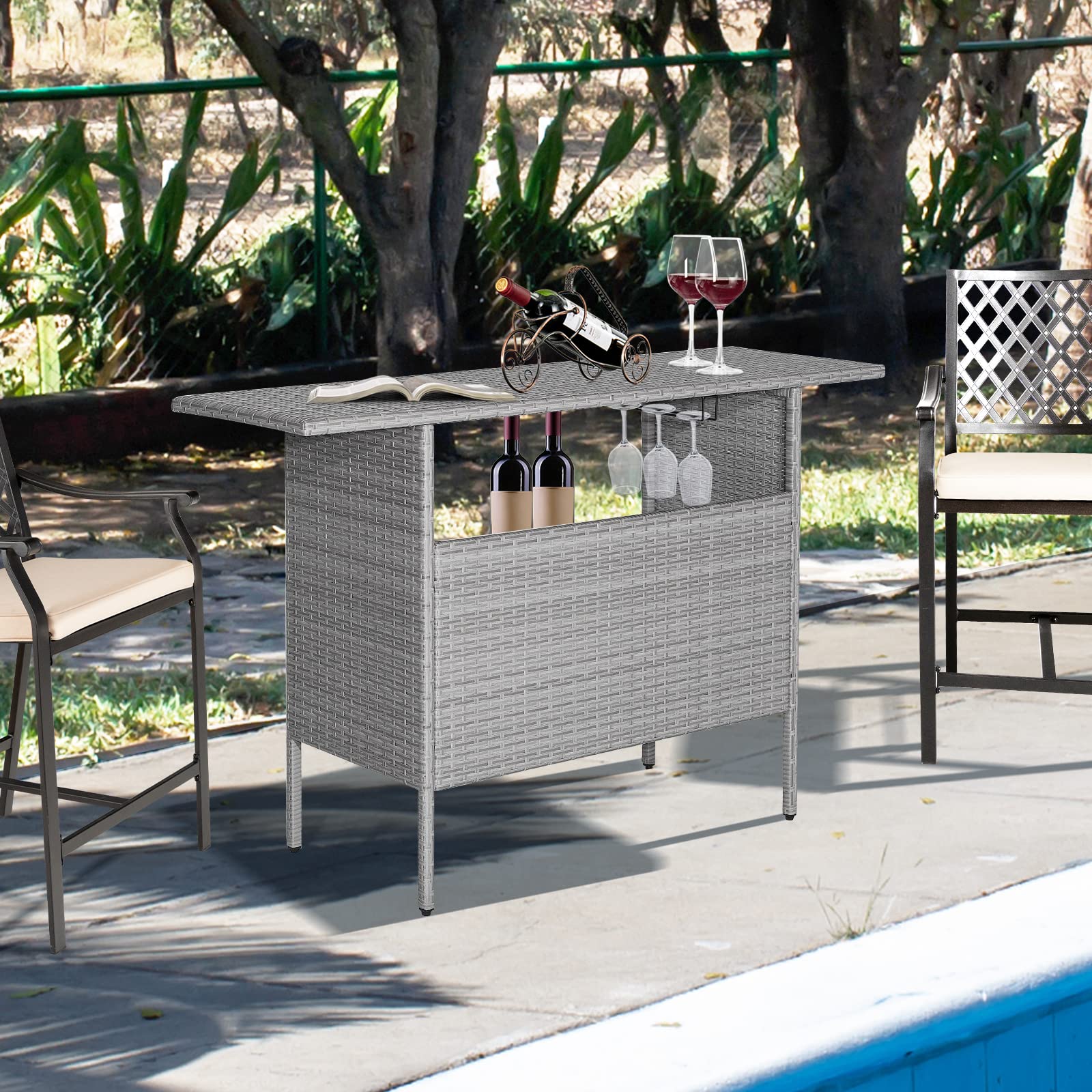Tangkula Outdoor Wicker Bar Table - All-Weather Patio Bar Height Table with 2 Metal Mesh Shelves & 2-Rail Steel Stemware Racks - Rattan Bar Counter for Backyard, Poolside, Garden (Mix Grey) | Perfect for Outdoor Entertaining, BBQs, and Relaxing by the Pool