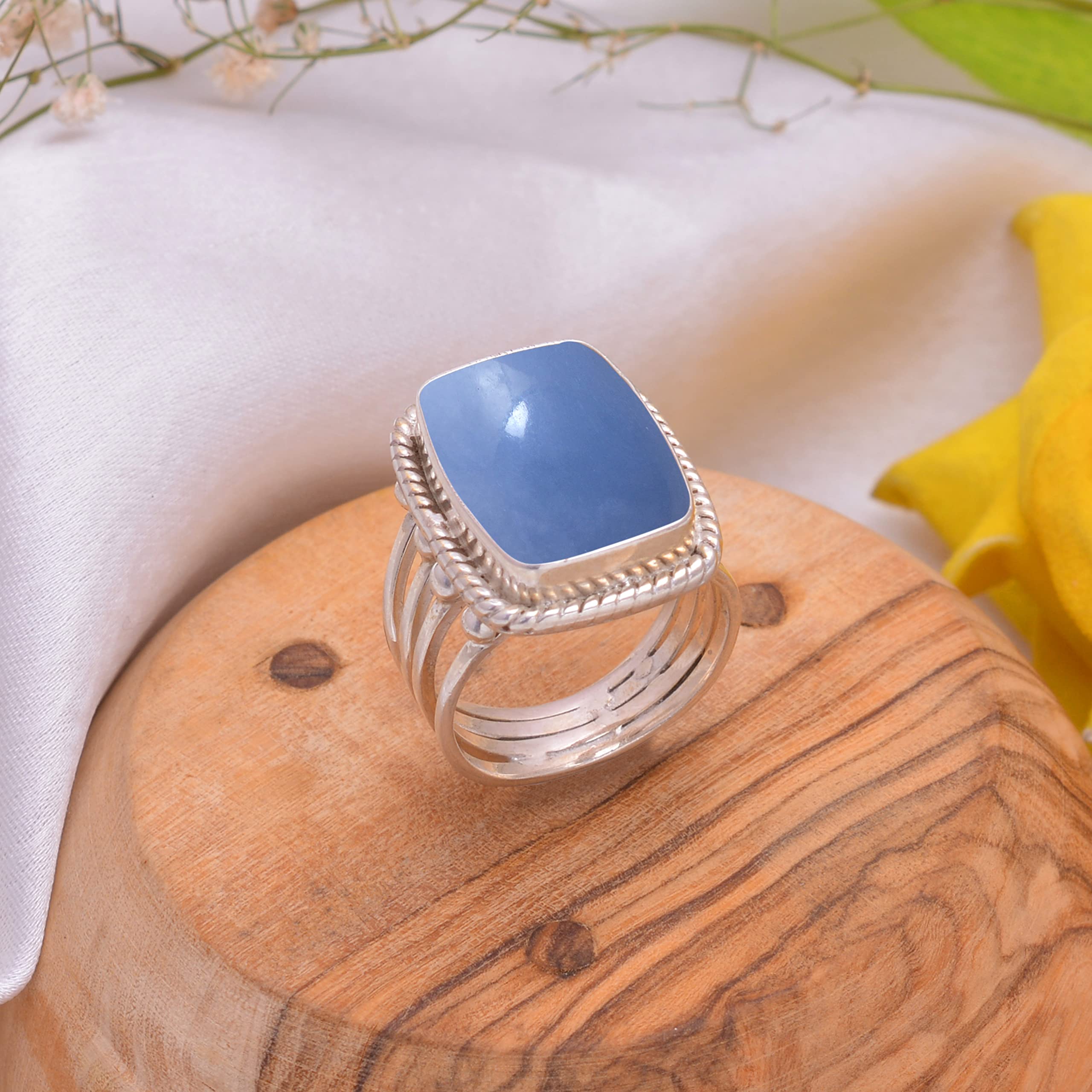 Veracity Jewelry Angelite Rings for Women - 925 Sterling Silver Handmade Rings with Natural Blue Angelite Gemstone - Elegant Designer Jewelry Gift for Her (VSR-832) | Perfect for Weddings, Anniversaries & Special Occasions