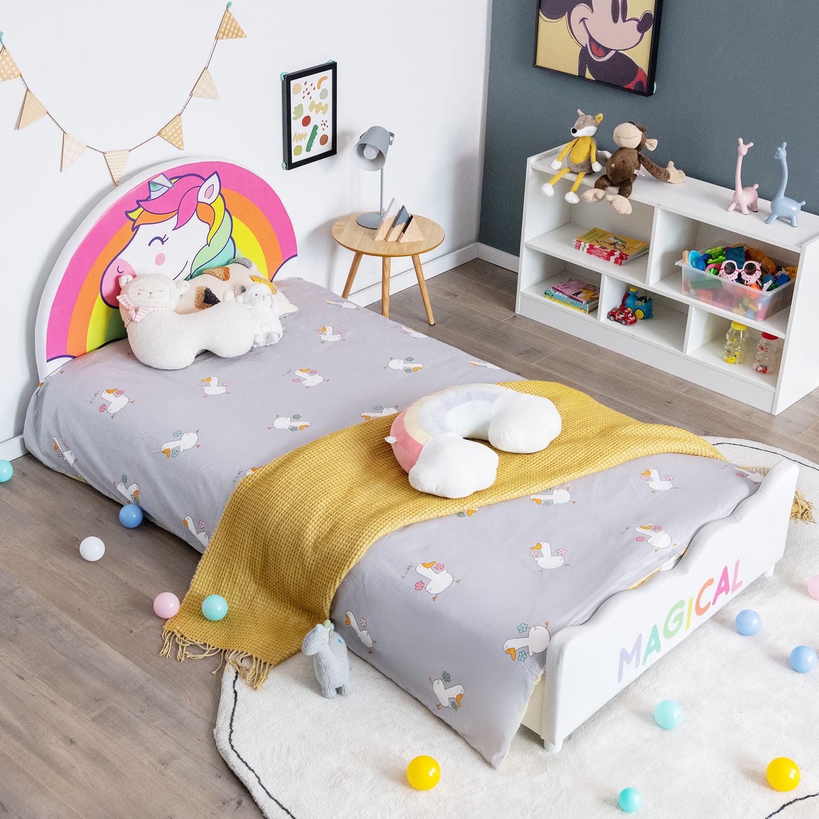 Costzon Twin Bed Frame for Kids - Wood Upholstered Platform Bed with Slat Support & Padded Headboard/Footboard - No Box Spring Needed - Easy Assembly - Fits Standard Twin Mattress (Rainbow) - Perfect for Kids' Bedrooms, Guest Rooms & Small Spaces