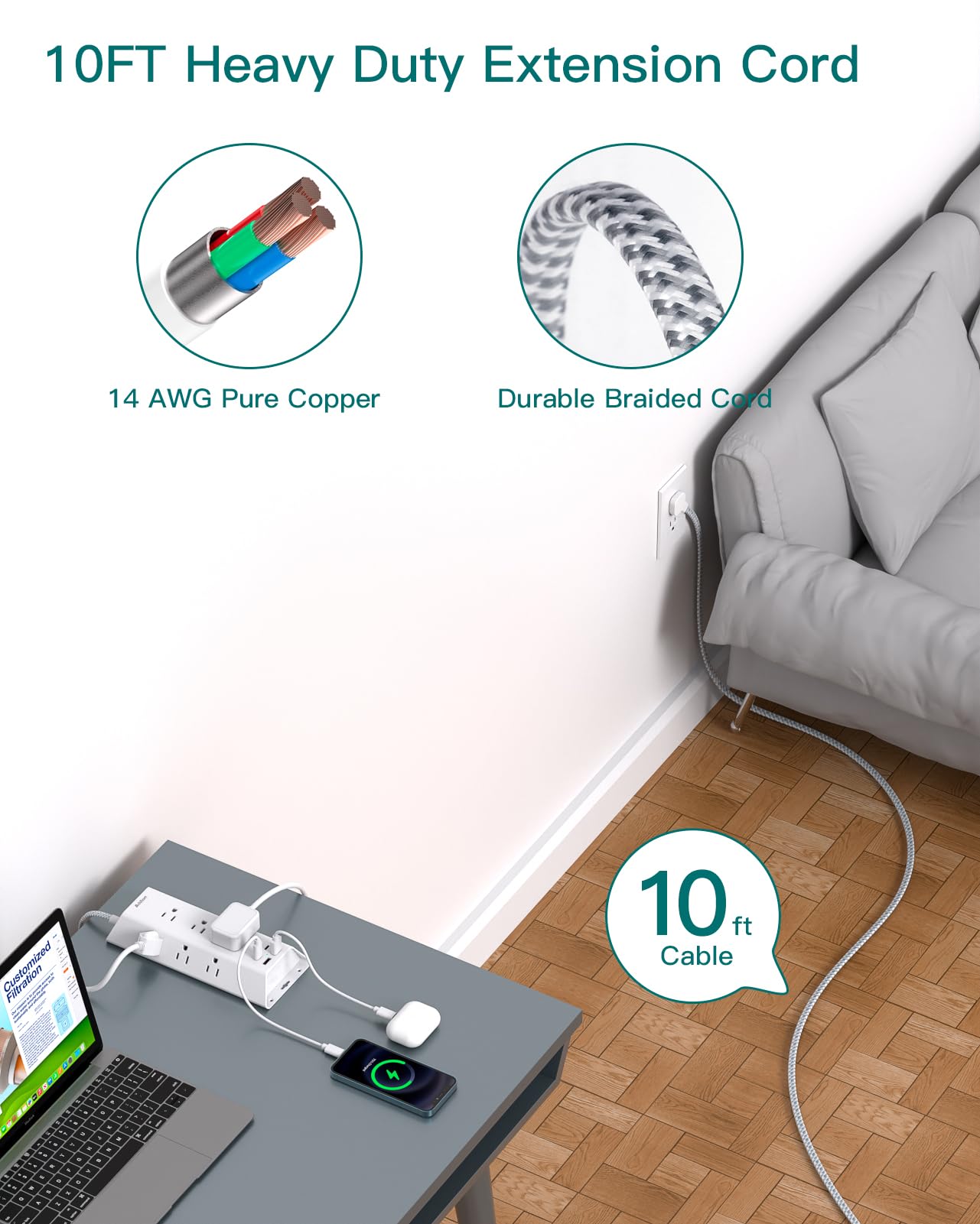 Addtam 10 ft Surge Protector Power Strip with 4 USB Ports (2 USB-C) & 9 Outlets - Flat Plug Extension Cord for Home Office, Dorm Room, Desk Charging Station | Essential for Computers, TVs, Gaming Setup & Electronics Protection