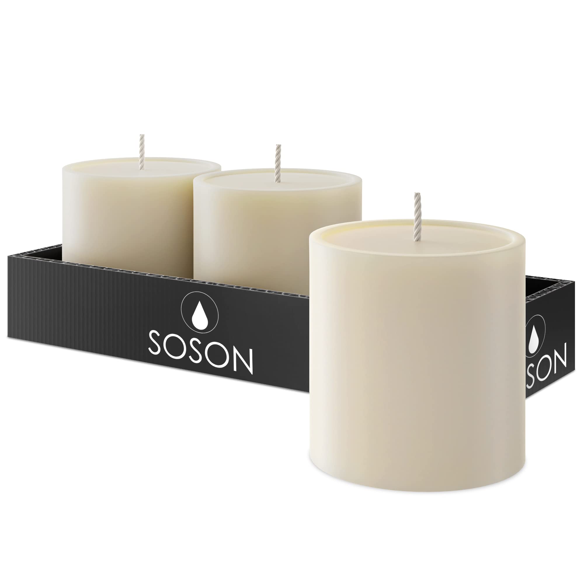 Simply Soson Premium 3x3 Inch Ivory Pillar Candles - Set of 3 Unscented Decorative Candles for Home Decor, Weddings, Holidays & Special Occasions - Perfect for Candle Holders, Centerpieces & Fall Decorations