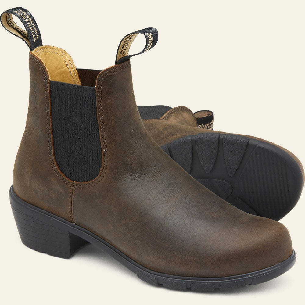 Blundstone Women's 1673 Heeled Chelsea Boots - Antique Brown Leather Ankle Boots for Work, Casual & Outdoor Wear