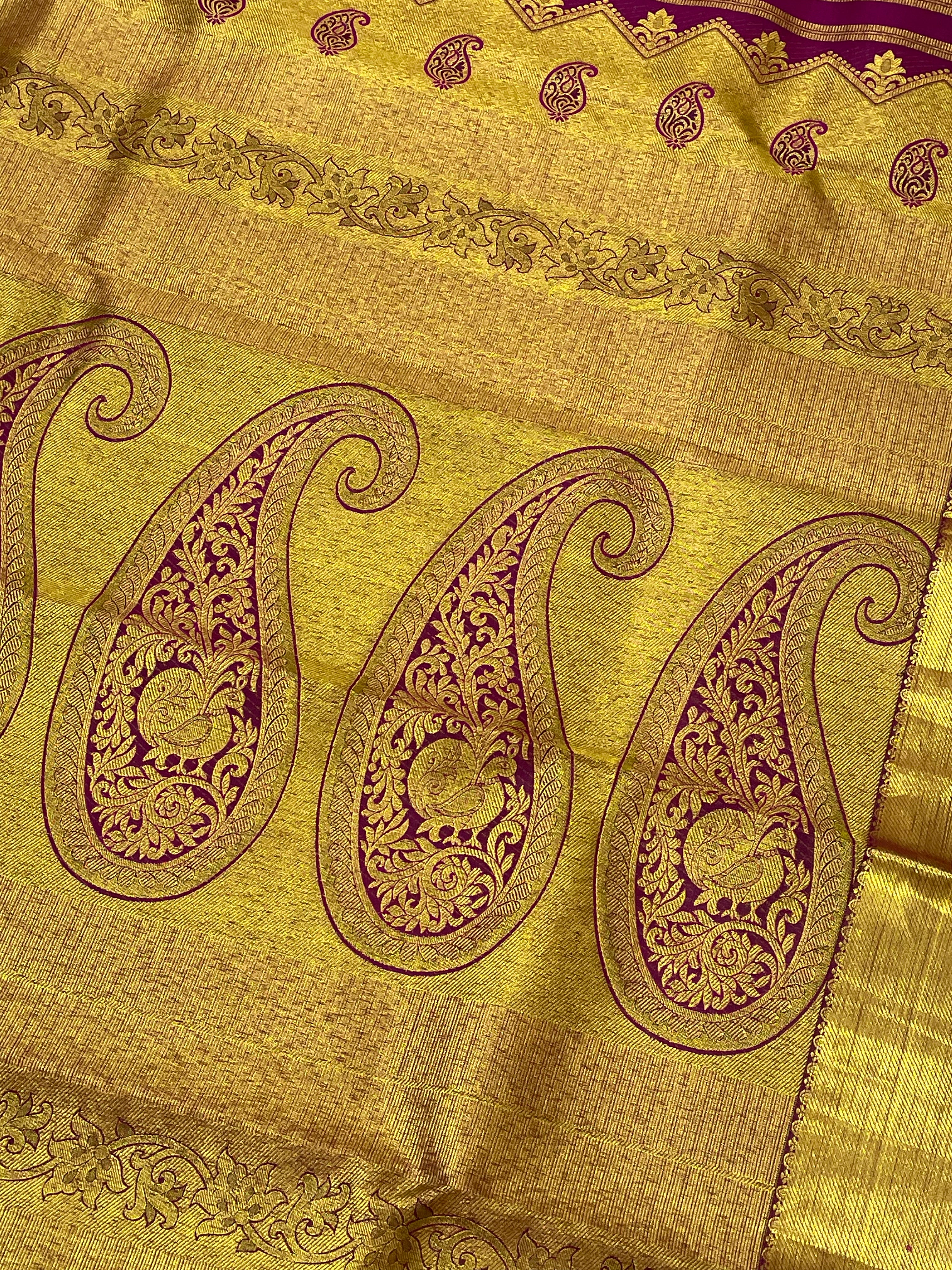 Elegant Dark Purple Pure Kanchi Silk Saree with Gold Zari Work & Tassels for Women | Traditional Indian Bridal & Party Wear | Perfect for Weddings, Festivals & Special Occasions