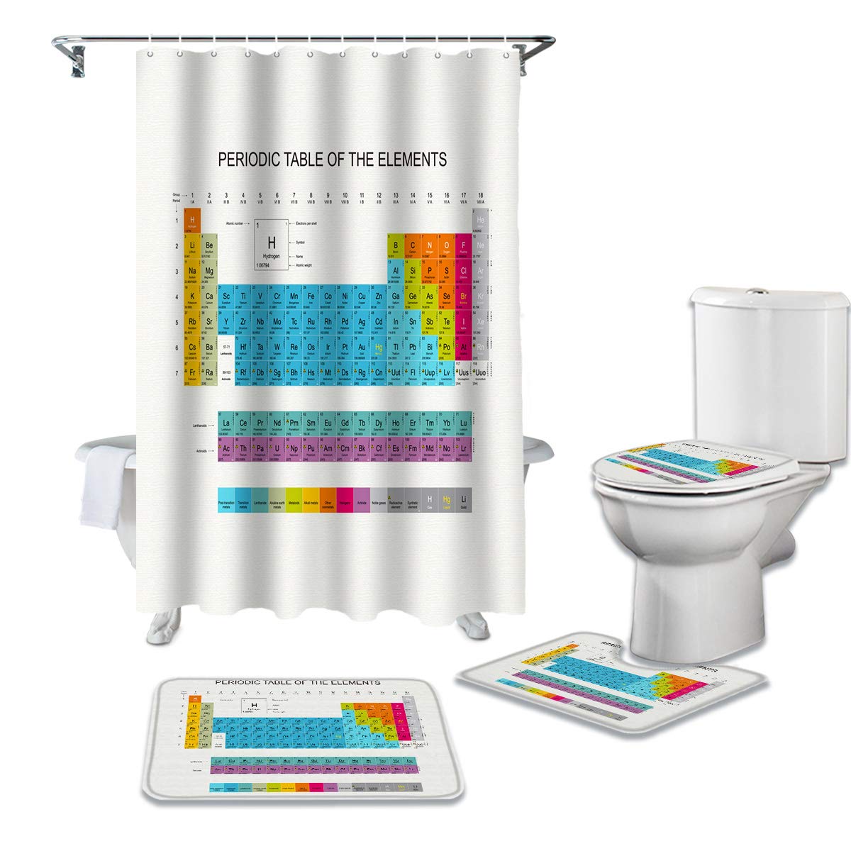 ALAGEO 4-Piece Shower Curtain Set - Periodic Table of Elements Bathroom Decor with Non-Slip Bath Mat, U-Shape Rug & Toilet Cover | Science-Themed Bathroom Accessories for Chemistry Lovers & Modern Homes