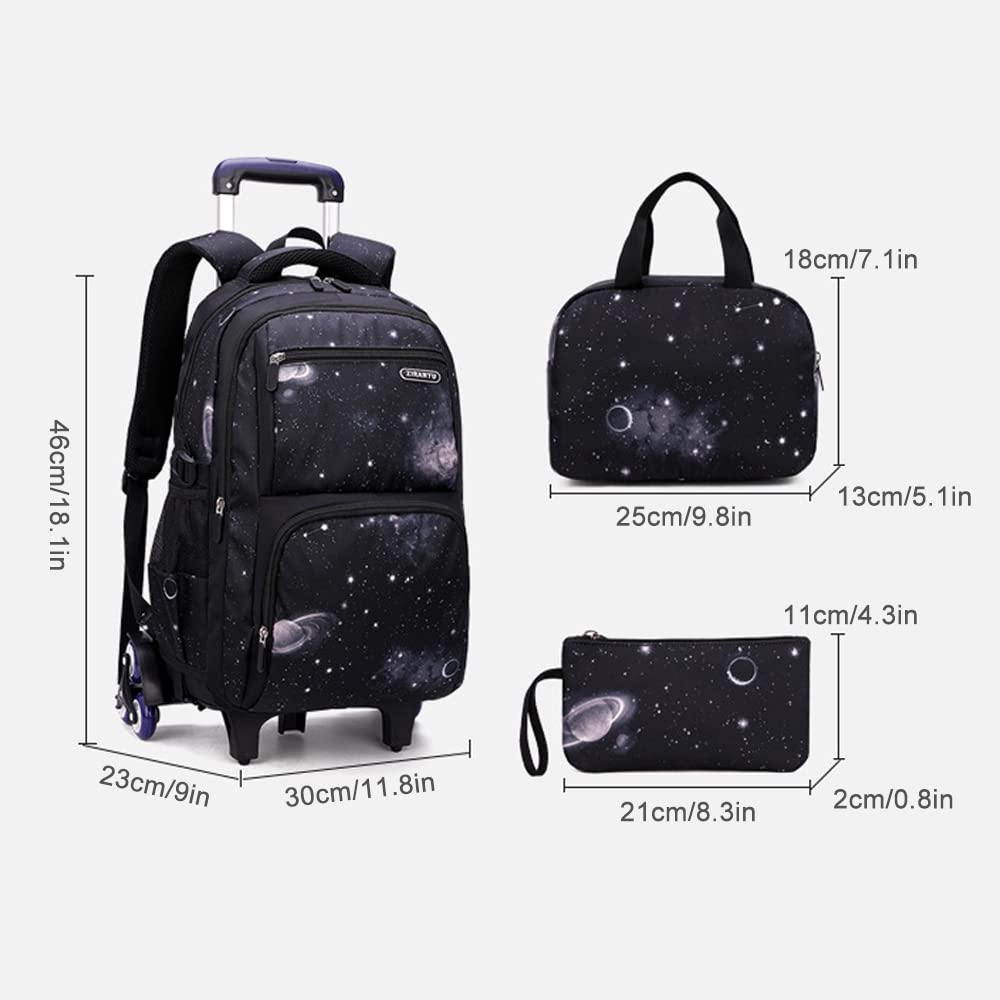 Kids Rolling Backpack with Wheels - School Bookbag for Boys & Girls, Wheeled Luggage Trolley with Lunch Box & Pencil Case (Black) - Perfect for School, Travel & Daily Use