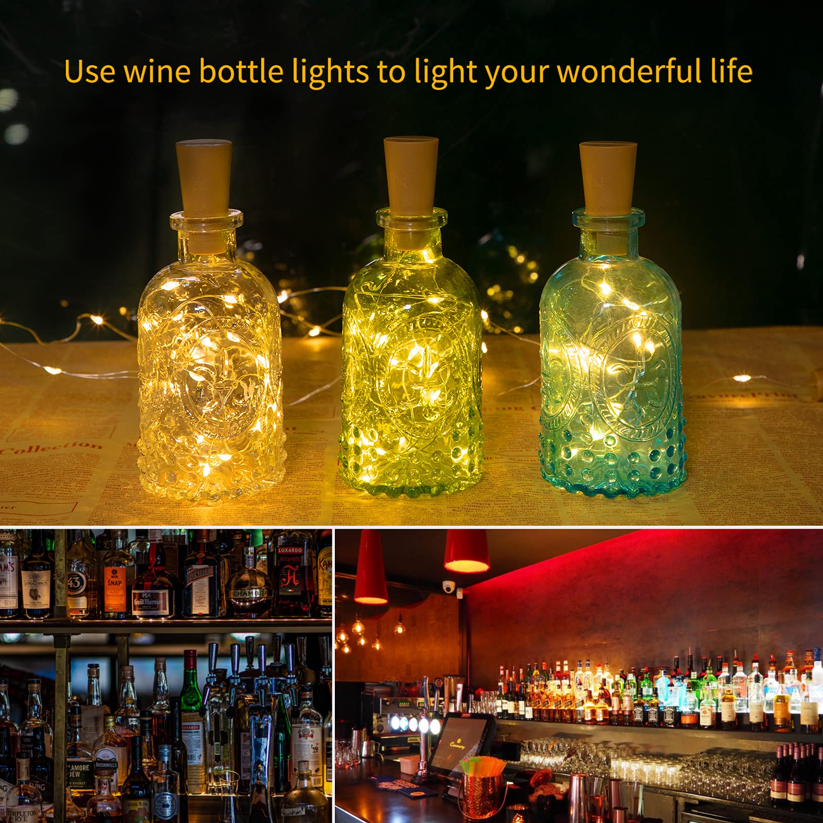 Brightown 10 Pack LED Wine Bottle Lights with Cork - 20 Silver Wire Waterproof Battery Operated Mini Fairy Lights for Liquor Bottles, DIY Party Bar Christmas Wedding Decorations - Perfect for Home, Restaurant, Holiday and Special Event Lighting