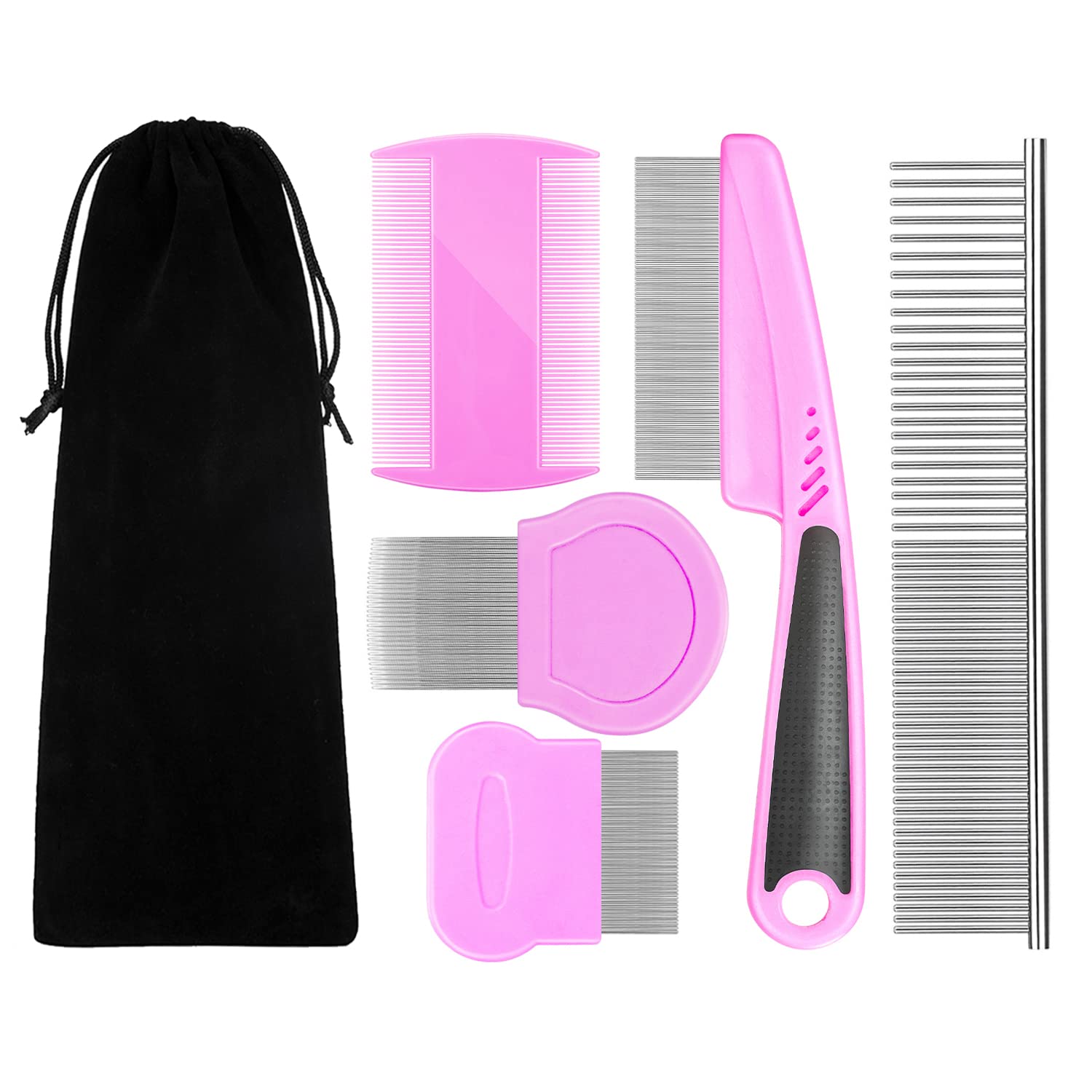BENSEAO 5-Piece Pet Grooming Set - Metal Flea Comb for Dogs & Cats, Lice Comb, Tear Stain Remover, Durable Detangling Comb with Storage Pouch (Pink) - Perfect for Removing Fleas, Tangles & Dandruff at Home or Professional Grooming