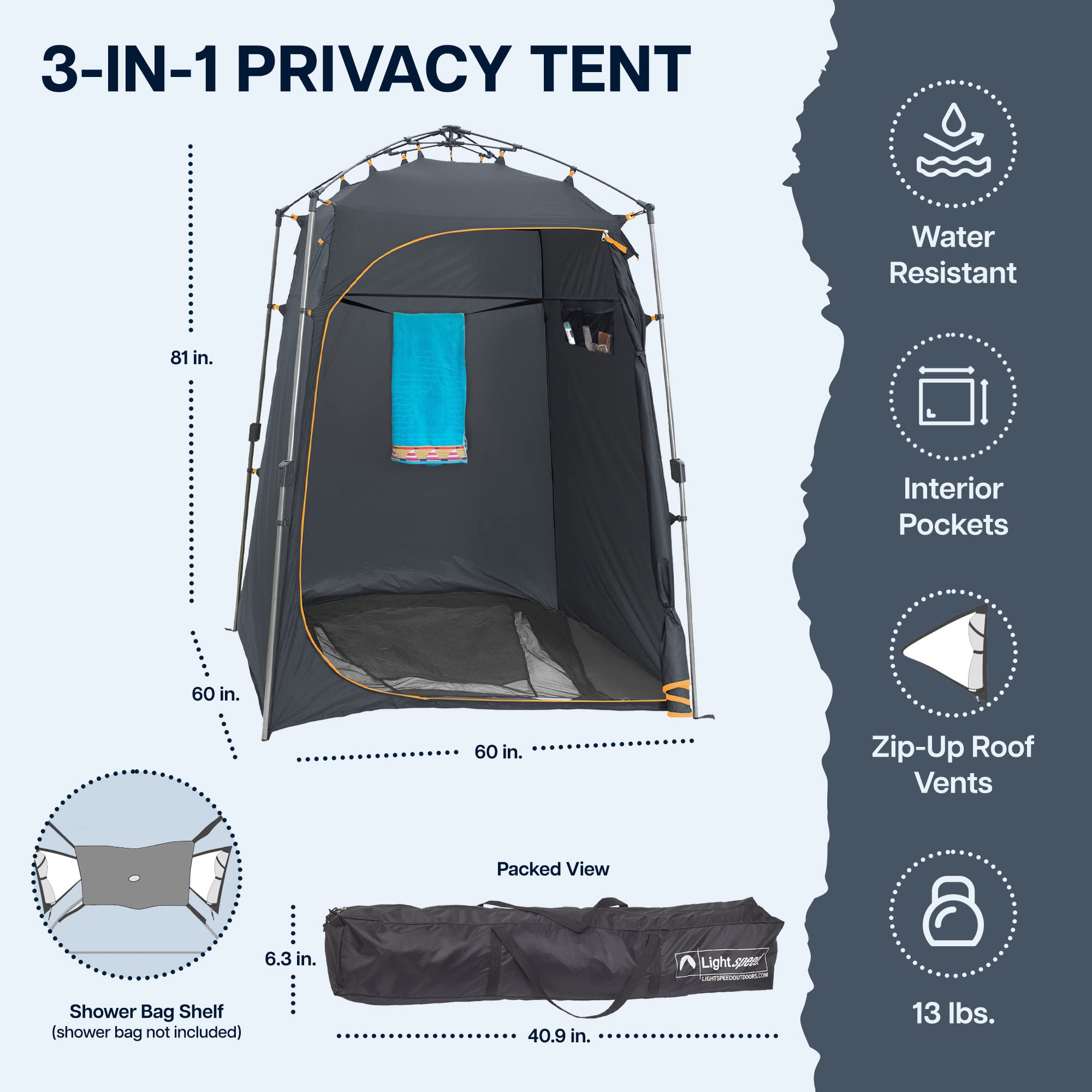 Lightspeed Outdoors 3-in-1 Pop Up Privacy Tent - Portable Changing Room, Outdoor Shower & Camp Bathroom for Camping, Beach, Pool & Outdoor Adventures | Instant Setup Shelter for Privacy & Convenience